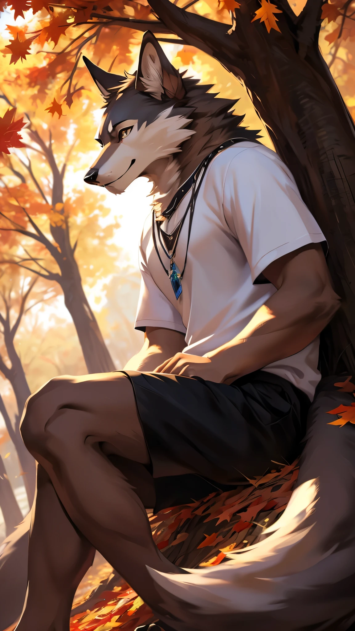 (posted on e621 by Chunie art style) furry, male, Anubis anthro, (wolf's long tail), Solo, (Realistic eye details 1.2), (beautiful detailed eyes), painting of a man sitting under a tree in the fall, wearing a white t-shirt, black shorts, autumn season, commission for high res, anthro art, fall season, detailed fanart, furry art, full art, pixiv contest winner, commission for, furry art!!!, very very beautiful furry art, furry fantasy art, autumn, commission, covered in fallen leaves, by Shingei, high quality fanart, slim body, full body like, in a panoramic view, masterpiece, Abstract beauty, ultra detailed face, depth of field, motion blur, high details, high quality, award winning, HD, 16k, (best quality,4k,8k,highres,masterpiece:1.2),ultra-detailed,realistic:1.37,HDR,UHD,studio lighting,extreme detail description,professional,vivid colors,bokeh,lively atmosphere, natural lighting