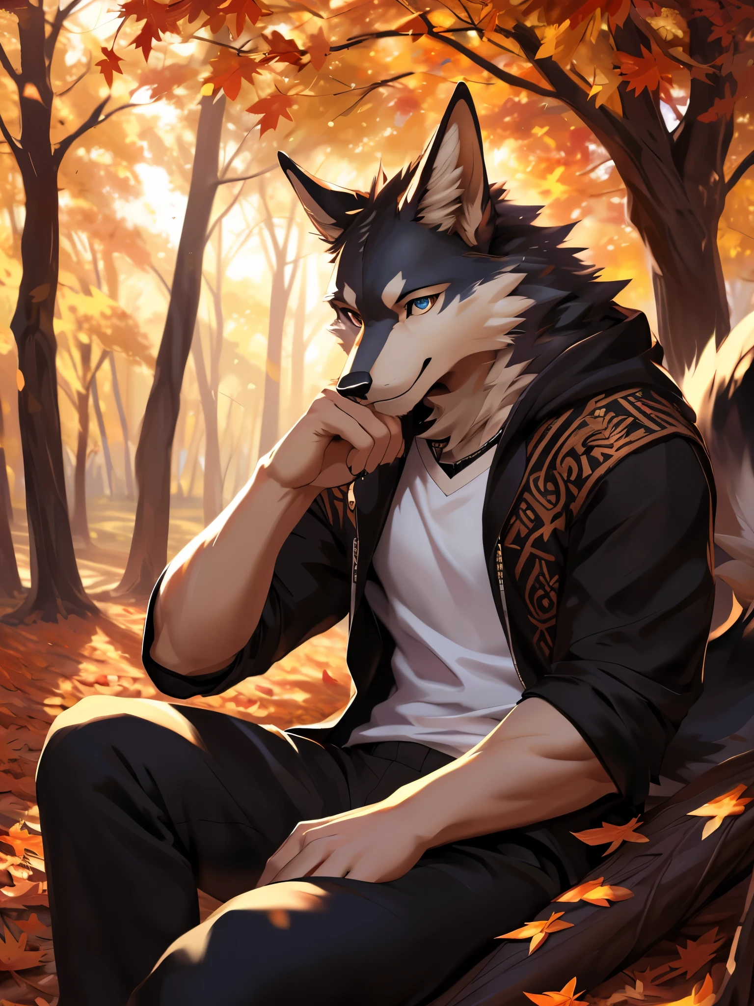 (posted on e621 by Chunie art style) furry, male, Anubis anthro, (wolf's long tail), Solo, (Realistic eye details 1.2), (beautiful detailed eyes), painting of a man sitting under a tree in the fall, wearing a white t-shirt, black shorts, autumn season, commission for high res, anthro art, fall season, detailed fanart, furry art, full art, pixiv contest winner, commission for, furry art!!!, very very beautiful furry art, furry fantasy art, autumn, commission, covered in fallen leaves, by Shingei, high quality fanart, slim body, full body like, in a panoramic view, masterpiece, Abstract beauty, ultra detailed face, depth of field, motion blur, high details, high quality, award winning, HD, 16k, (best quality,4k,8k,highres,masterpiece:1.2),ultra-detailed,realistic:1.37,HDR,UHD,studio lighting,extreme detail description,professional,vivid colors,bokeh,lively atmosphere, natural lighting