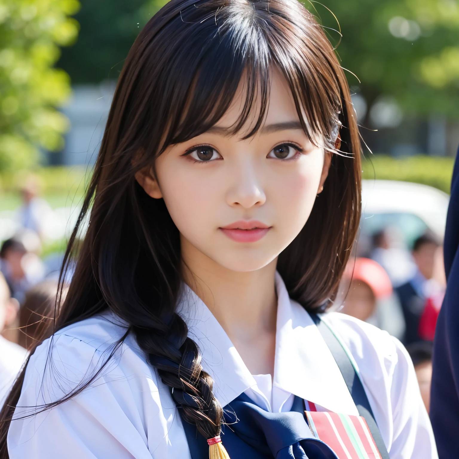 Best-quality, Masterpiece, Ultra-High-Resolution, (Photorealistic:1.4), Raw-Photo, 1girl, the most famous Japanese idol, enjoy Japanese-high-school-Graduation-ceremony, wearing Japanese-high-school-uniform, (extremely cute face like the most popular Japanese idol, (extremely beautiful big-eyes)), extremely beautiful hair, extremely beautiful skins, extremely beautiful long-eyelashes, extremely beautiful lips, looking at viewer