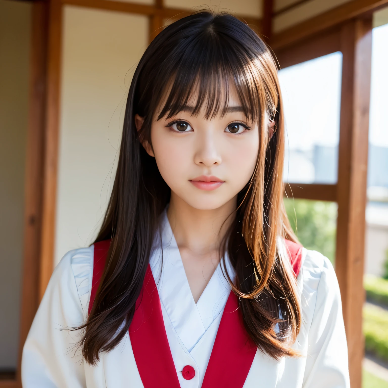 Best-quality, Masterpiece, Ultra-High-Resolution, (Photorealistic:1.4), Raw-Photo, 1girl, the most famous Japanese idol, enjoy Japanese-high-school-Graduation-ceremony, wearing Japanese-high-school-uniform, (extremely cute face like the most popular Japanese idol, (extremely beautiful big-eyes)), extremely beautiful hair, extremely beautiful skins, extremely beautiful long-eyelashes, extremely beautiful lips, looking at viewer