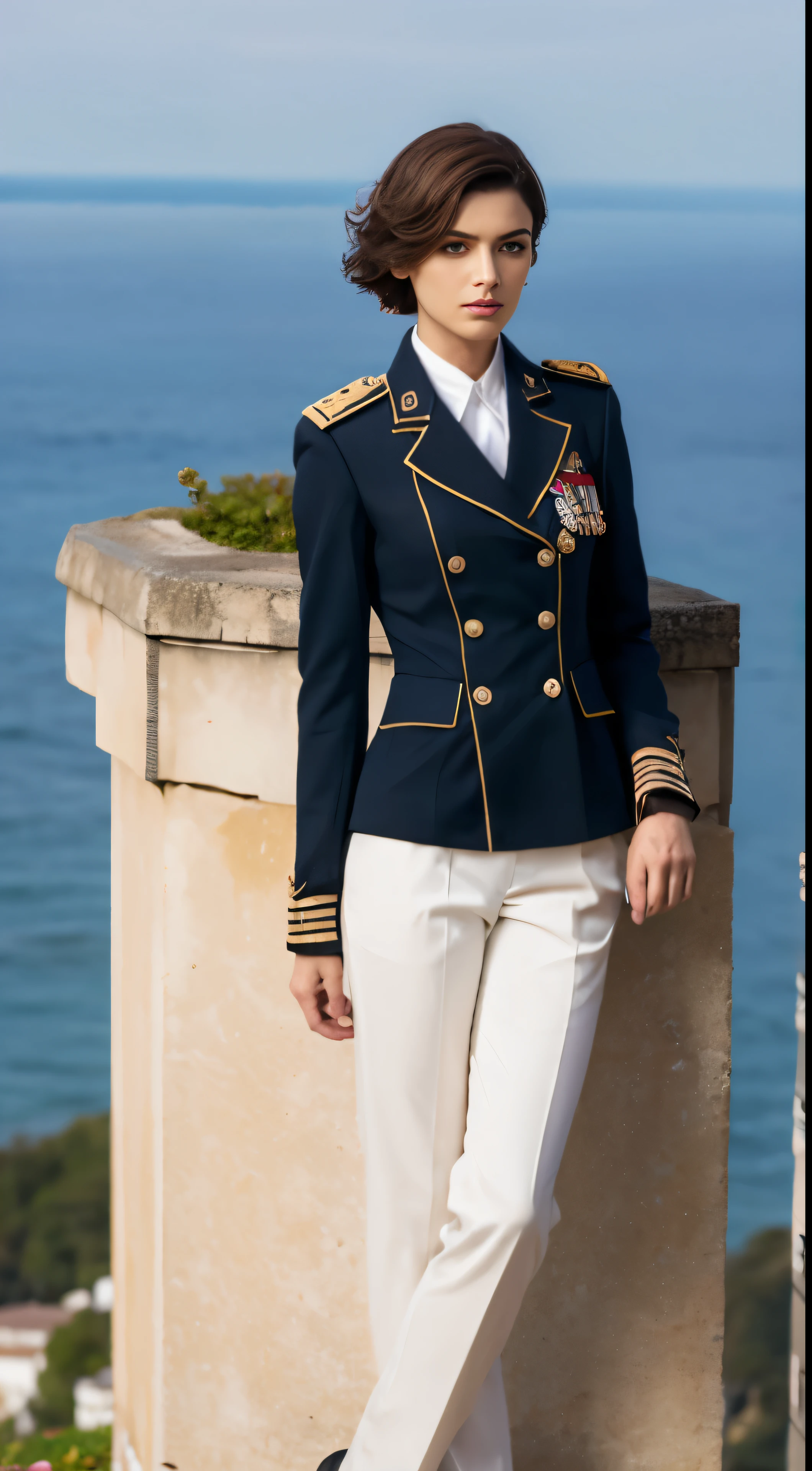 (Highest resolution, distinct_image) Excellent, masterpiece, high detail, semi-realistic, Dishonored 2, a very beautiful woman, solo, normal handsome stance, short red hair, golden eyes, indifferent expression, 18 years old, young, tall and strong , white and red military uniform, trousers, military pants, military boots, military uniform, military school, confident, serious, high-cold and proud, standing on a cliff, overlooking