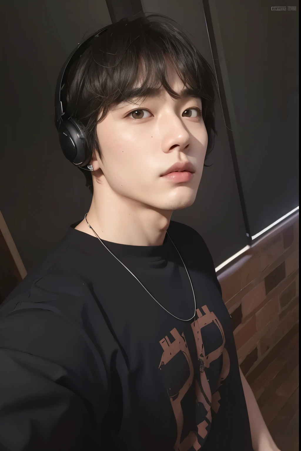 un primer plano de una persona con auriculares y una camisa negra, Jung Jaehyun, hyung tae, Hong June Hyung, pintar ulzzang, jinyoung shin, xqc, kim taejin, 8k selfie photography, pale korean adorable face, foto de perfil en la cabeza, Won Bin Lee, kim doyoung, cara perfecta y chico, con auriculares, hyung tae kim