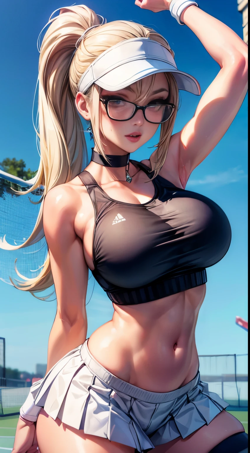 bmb-fc, sunny, bodycon dress, 1girl, face, woman , (masterpiece, best quality), 1girl, 18 years old, ((gymnastic pose)), platinum blonde hair, ((high and long ponytail hair)), plump lips, puffy lips, bimbo lips, huge breast, hourglass figure, embarassed face, (((exposed navel))), sweaty body, ((glasses)), visor, (((hot tennis outfit))), tight white sport bra, stripper pleated microshorts, choker, gym, thighhighs,