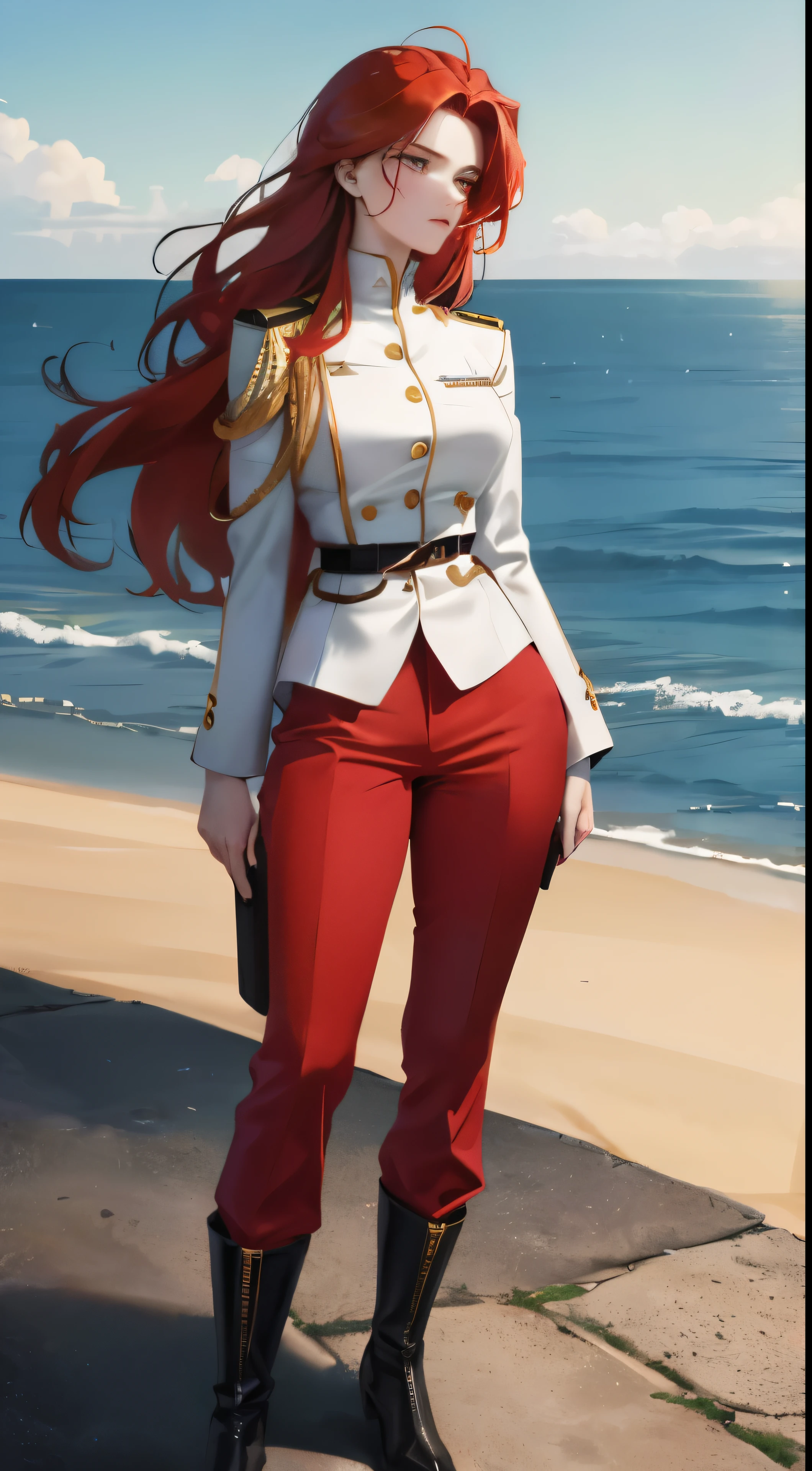 (highest resolution, distinct image)
A masterpiece of semi-realistic art, featuring a very beautiful woman in her young, tall and strong form. With short, fiery red hair cascading over her shoulders, her golden eyes bore an indifferent look that belied her inner complexity. Dressed in a uniform of stark contrasts – white and red – she stood confidently, her posture normal yet poised. Military pants and boots completed her attire,She hailed from renowned military schools and exuded an air of seriousness, cold and proud. Overlooking a vast expanse from the cliff edge, she seemed lost in thought, her gaze distant and unyielding. This high-