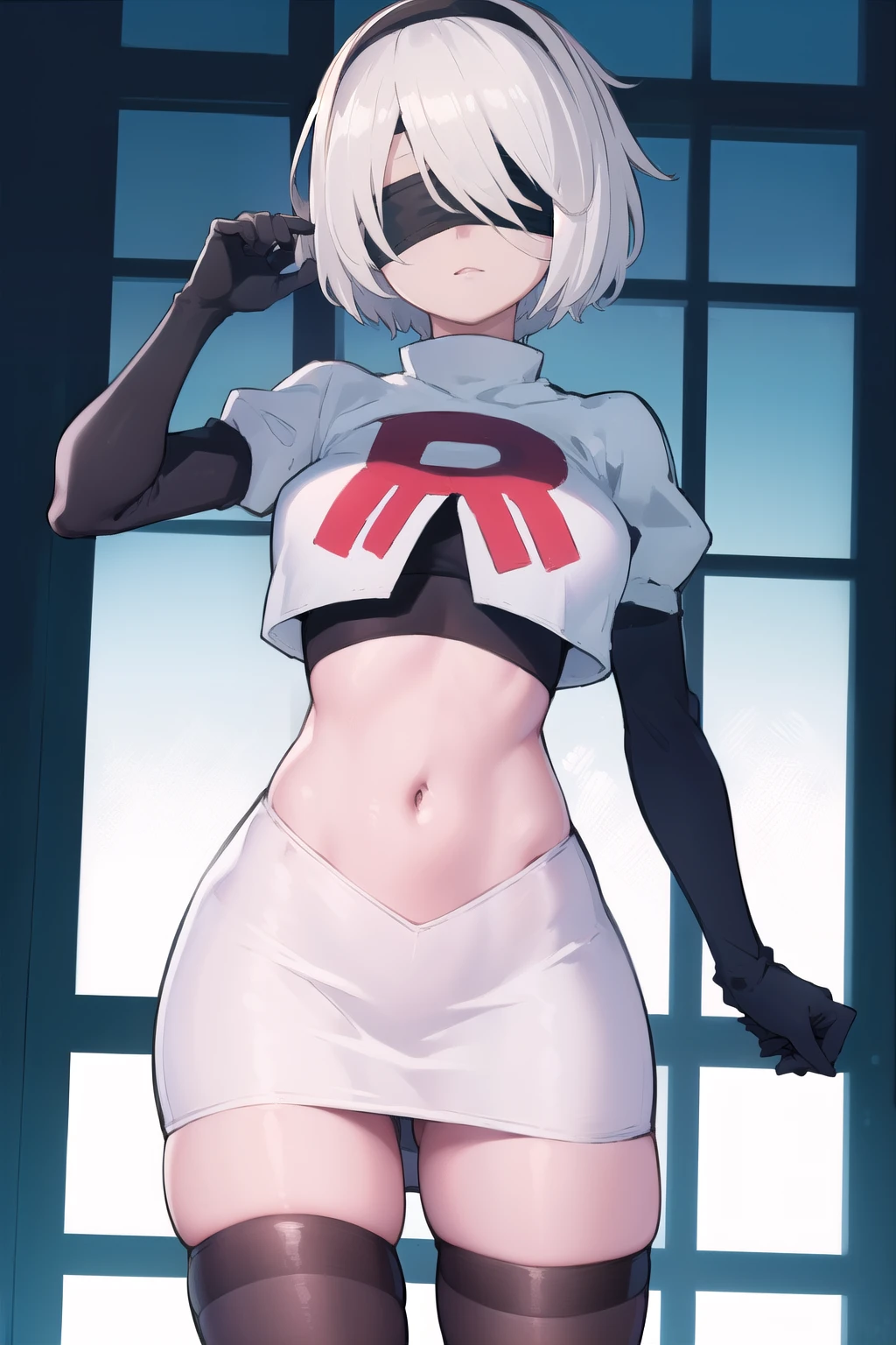 2b, 2b, (black blindfold:1.5), black hairband, blindfold, hairband, short hair, white hair,
BREAK hairband, robot, team rocket,team rocket uniform, red letter R, white skirt,white crop top,black thigh-highs,black elbow gloves,
BREAK looking at viewer,
BREAK (masterpiece:1.2), best quality, high resolution, unity 8k wallpaper, (illustration:0.8), (beautiful detailed eyes:1.6), extremely detailed face, perfect lighting, extremely detailed CG, (perfect hands, perfect anatomy),