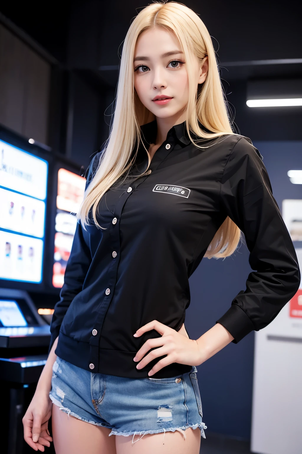 highest quality, masterpiece, 8k, ultra high resolution, (realistic: 1.4), 1 girl, beautiful face, symmetrical eyes, big, perfect body proportions, ((long hair))、((blonde)), pachinko parlor員、(pachinko parlorの制服)、the gaze of the beholder, (pachinko parlor、Bustling background、blurred background), Front view, Absolute area (1.3),friendly smile、cowboy shot