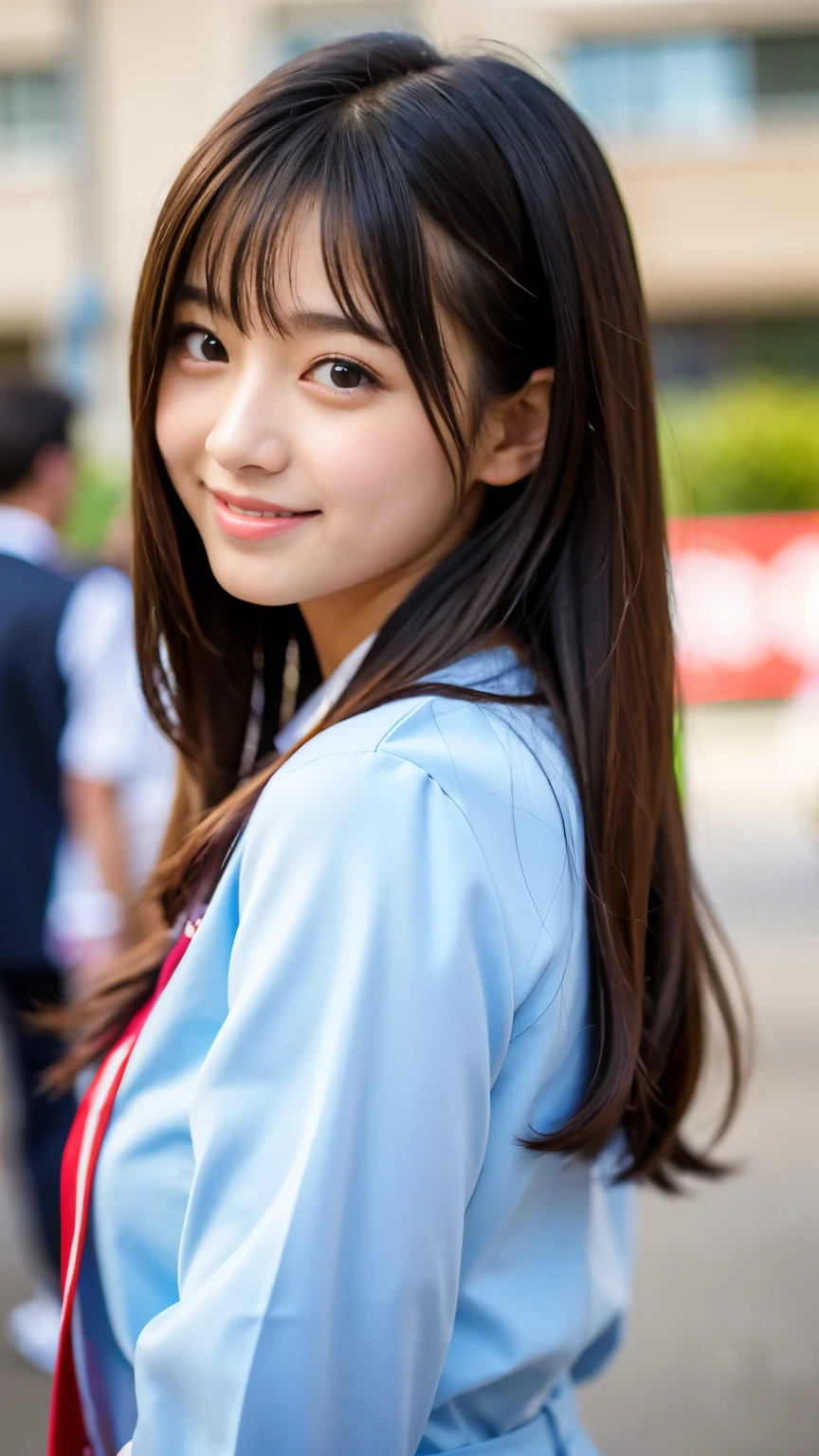 Best-quality, Masterpiece, Ultra-High-Resolution, (Photorealistic:1.4), Raw-Photo, 1girl, the most famous Japanese idol, enjoy Japanese-high-school-Graduation-ceremony, wearing Japanese-high-school-uniform, (extremely cute face like the most popular Japanese idol, (extremely beautiful big-eyes)), extremely beautiful hair, extremely beautiful skins, extremely beautiful long-eyelashes, extremely beautiful lips, innocent-smile, looking at viewer, dynamic-pose