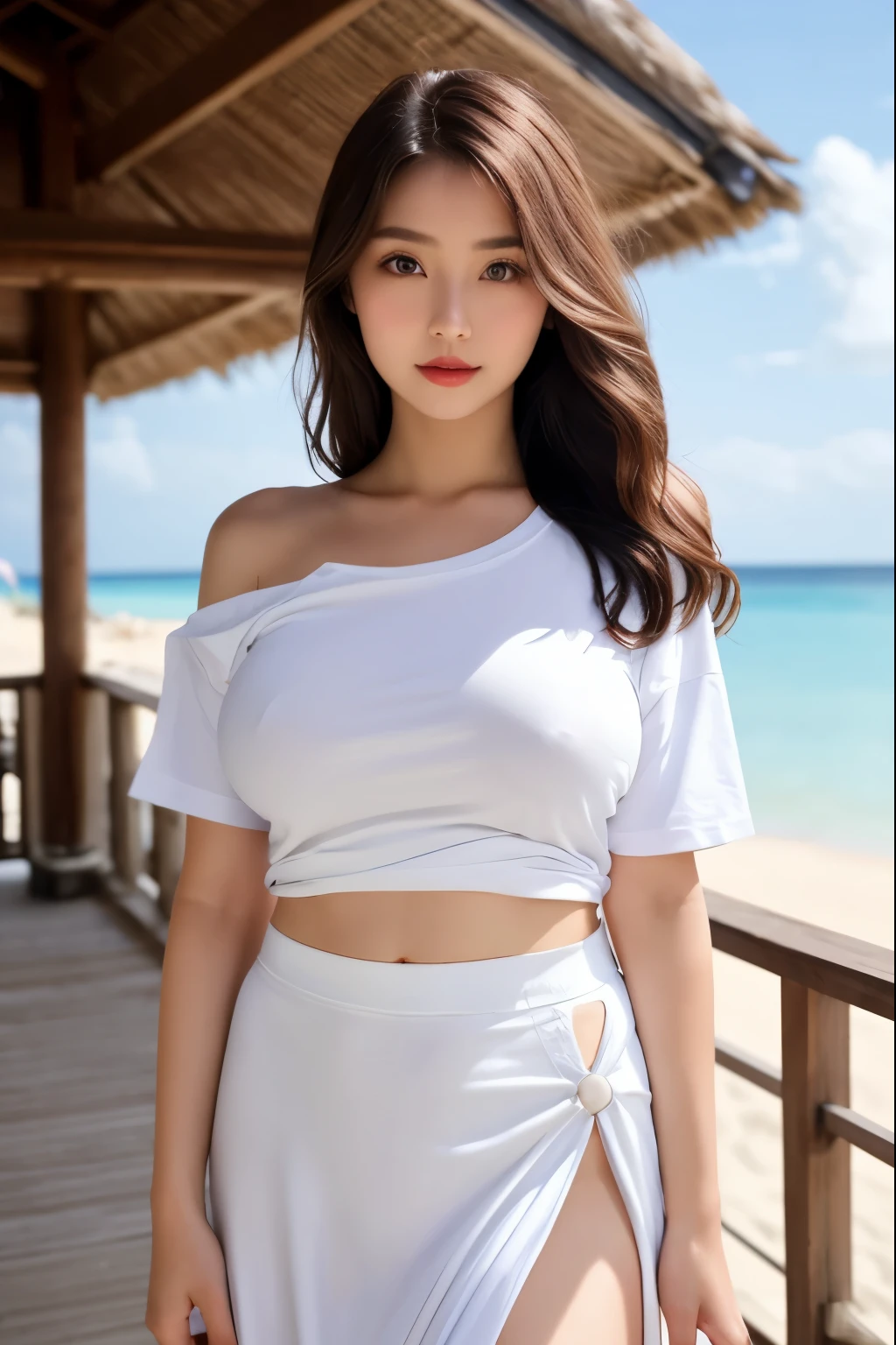 {{NSFW}},((highest quality、In 8K、masterpiece:1.1)),(Natural light),(shine:1.4),(illuminate the front), (ultra-detailed face),1 female、japanese woman、25 year old adult female、Beautiful woman with bob hair、(短hairの女性)、(shoulder length),droopy eyes、droopy eyes、cute big eyes、beautiful double eyes、cute face、delicate and beautiful skin、human-like skin、Realistic skin feel、複雑な色hair.luster々hair、looking at camera、double round big eyes、Very delicate eyes、super detailed face、high definition lip、thick lips、emphasize the face、clear white skin、beautiful white woman、Nipples are erect and protruding ,no panties,pussy line,Take a picture of a standing woman from below、too big breasts、t-shirt、white sand beach、Blue beach、The long skirt is swaying in the wind、woman wearing a t-shirt、
