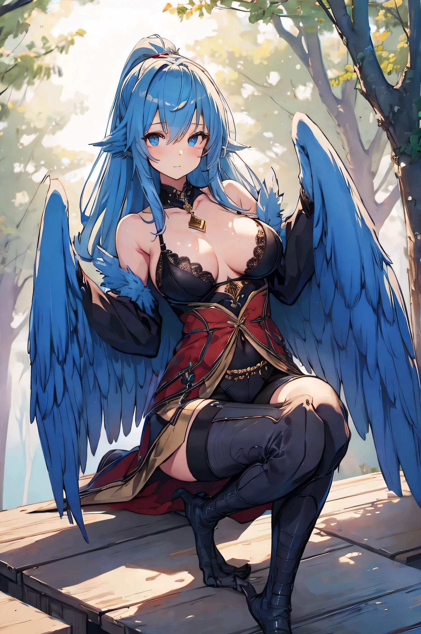 4k,High resolution,one woman,harpy,blue hair,long ponytail,big breasts,big white wings,golden toenails,Queen,Queenのティアラ,underwear,Black high-leg pants,black bra,jewelry embellishments,in the forest