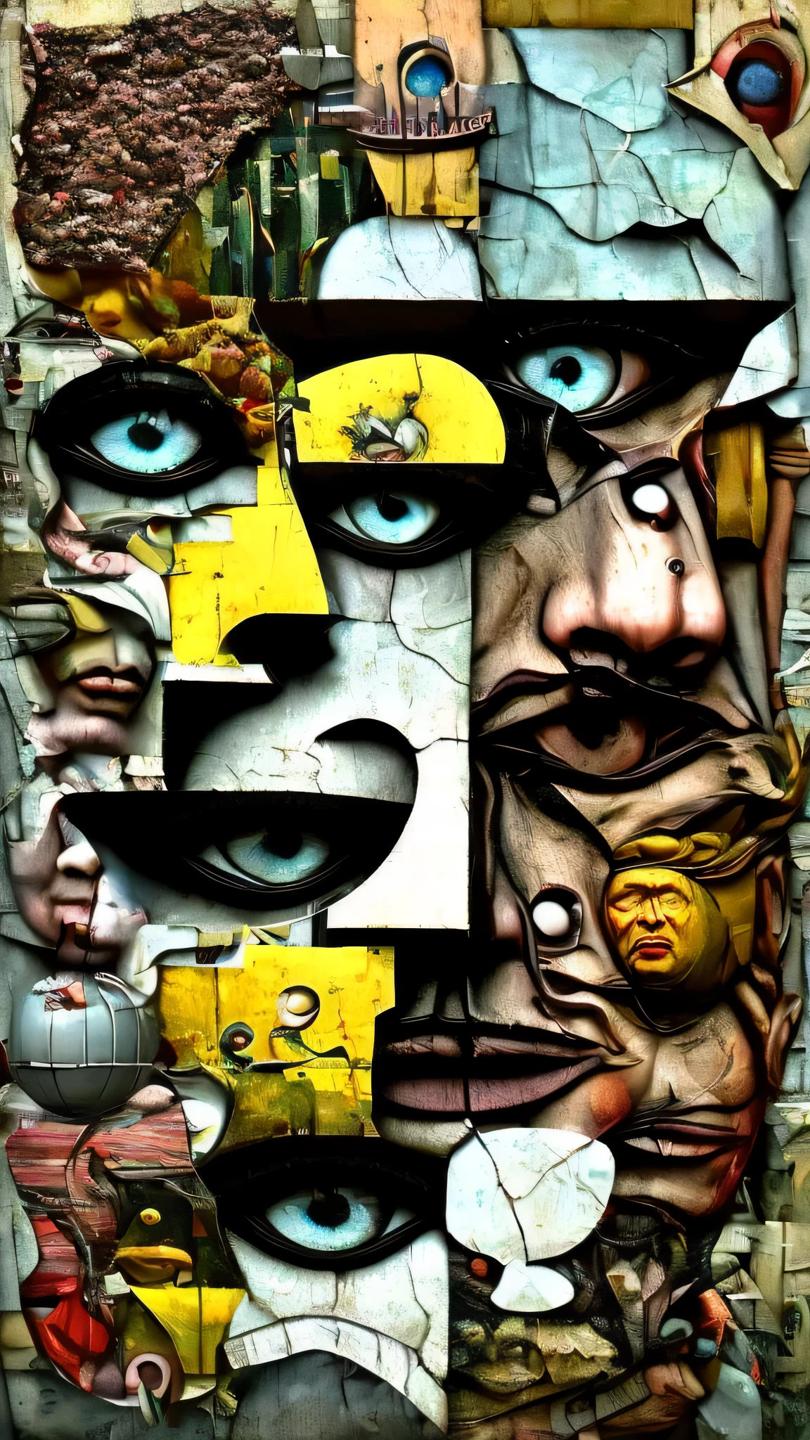 Hyper-realistic amalgam of images from faces and bodies from great modern painters with other surreal torn images glued on, minimal Dada style, Super-detailed, Studio Quality, 48k / HD, Normal Contrast, hyper Realistic Shadows, octane Rendering, Sharp Focus