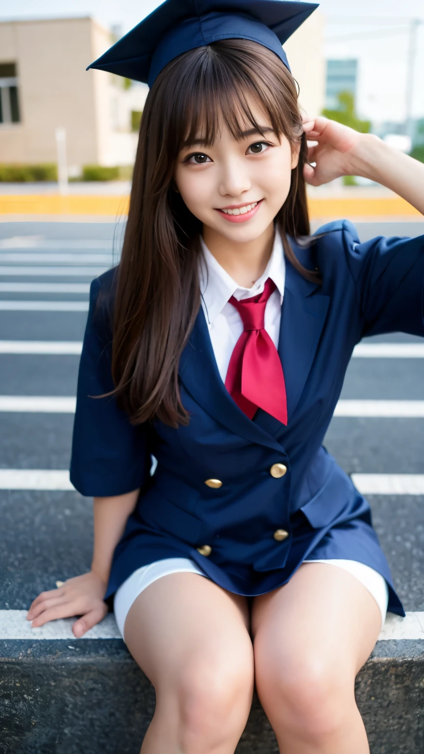 Best-quality, Masterpiece, Ultra-High-Resolution, (Photorealistic:1.4), Raw-Photo, 1girl, the most famous Japanese idol, enjoy Japanese-high-school-Graduation-ceremony, wearing Japanese-high-school-uniform, (extremely cute face like the most popular Japanese idol, (extremely beautiful big-eyes)), extremely beautiful hair, extremely beautiful skins, extremely beautiful long-eyelashes, extremely beautiful lips, extremely beautiful short-body, extremely beautiful thighs, innocent-smile, looking at viewer, dynamic-pose