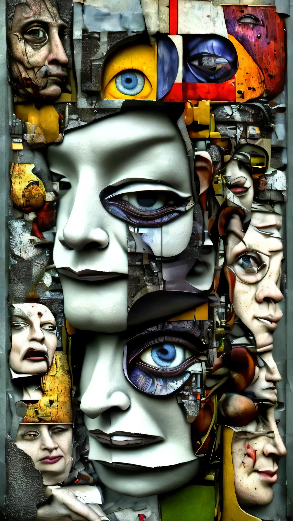 Hyper-realistic amalgam of images from faces and bodies from great modern painters with other surreal torn images glued on, minimal Dada style, Super-detailed, Studio Quality, 48k / HD, Normal Contrast, hyper Realistic Shadows, octane Rendering, Sharp Focus