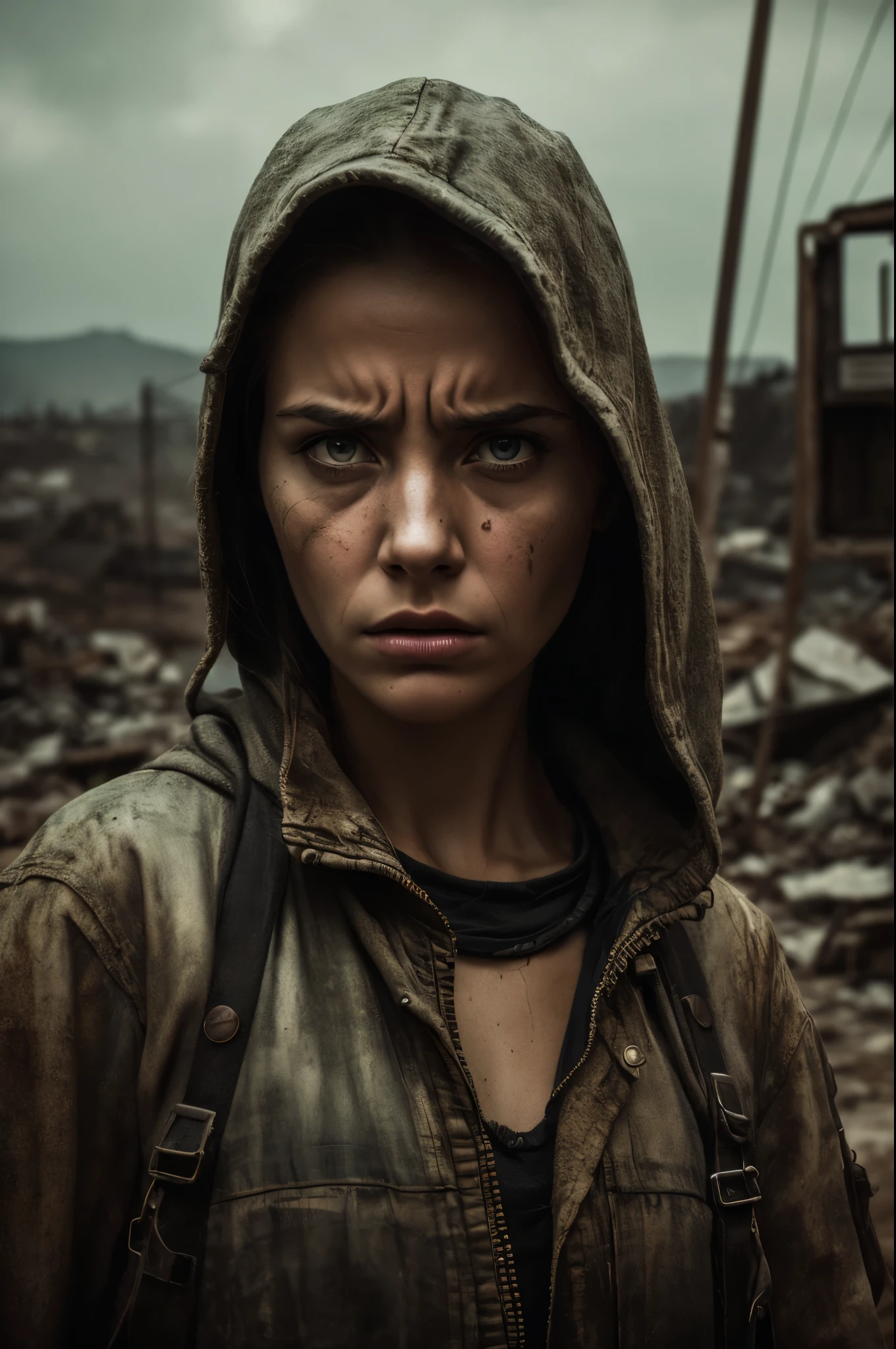 RAW photograph of (T34L30N1 woman:1.1) holding black plastic grocery bag,standing in slum back alley,wearing filthy old dress,clothes smeared with dirt and oil,rusted belt buckle,in the ruins of a dystopian village ravaged by war,sweaty face,(looking at viewer),(filthy woman:1.4),extremely detailed face,[plastic grocery bag],(medium shot)(upper body),full detailed photo,taken with Nikon D850,Nikon AF-S 85mm f/1.4G lens,(dystopian movie:1.2),photo realistic,bokeh,IMAX,(highly detailed),(Award winning),(Masterpiece),movie still,(HDR),(8k wallpaper),colorful,vivid color,intricately detailed,high contrast,looking_at_viewer,highres,absurdres,hyper realistic,UDH,depth_of_field,(low_view:1.2),<lora:zoom_slider_v1:0>,<lora:add_detail:1>,<lora:T34L30N1_09B-000003:1.0>,