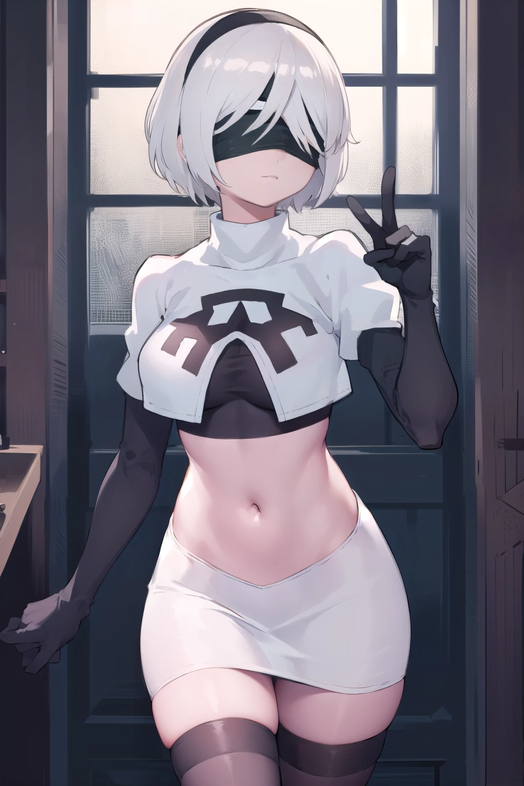 2b, 2b, (black blindfold:1.5), black hairband, blindfold, hairband, short hair, white hair,
BREAK hairband, robot, team rocket,team rocket uniform, red letter R, white skirt,white crop top,black thigh-highs,black elbow gloves,
BREAK looking at viewer,
BREAK (masterpiece:1.2), best quality, high resolution, unity 8k wallpaper, (illustration:0.8), (beautiful detailed eyes:1.6), extremely detailed face, perfect lighting, extremely detailed CG, (perfect hands, perfect anatomy),