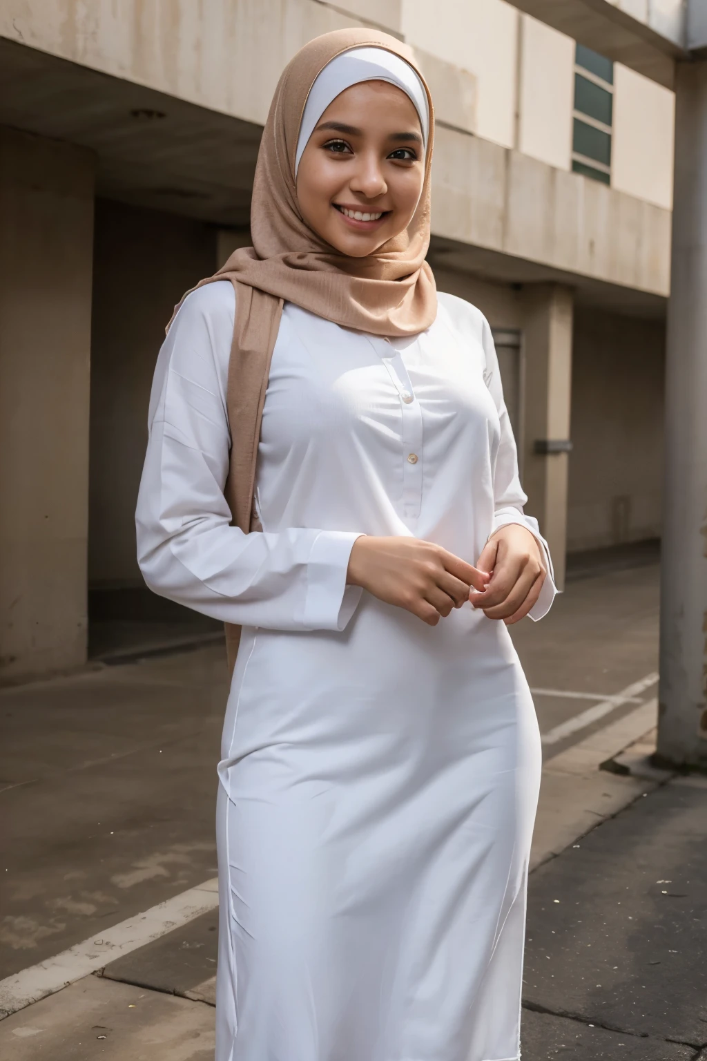 extremely high quality, realismo, young girl wearing hijab muslimah hijabstar style brown dress and white jeans with smiling emoji on her shirt. At basement parking lot Kuala Lumpur Hyper-detailed photorealistic 8k raw photo blur background detailed hands