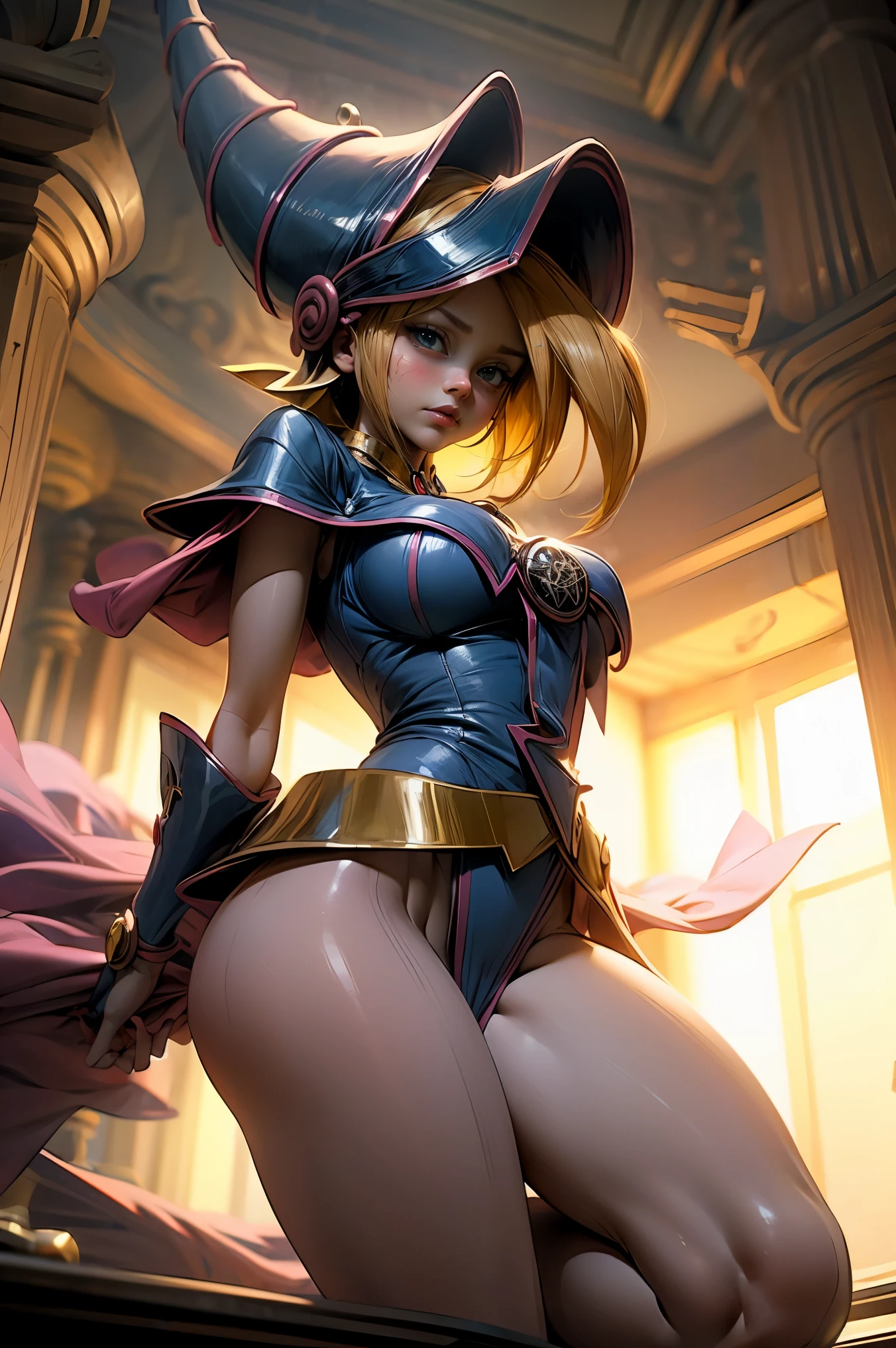 (Obra maestra:1.2), (La mejor calidad:1.2), perfect lighting, Chica Maga Oscura lanzando un hechizo, flotando en el aire, tetas grandes, escote, fondo de magia. Corazones transparente en el hambiente, bata azul, sombrero grande, desde arriba, Destellos, Yugioh Card en el fondo