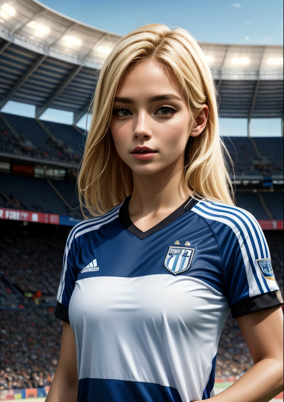 soccer player woman, blonde, t shirt colors blue white and black striped, in stadium, very beautiful