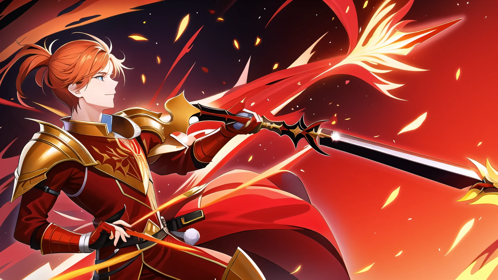 Wearing flame red armor,Holding a fiery greatsword,a male,have two arms,with two legs