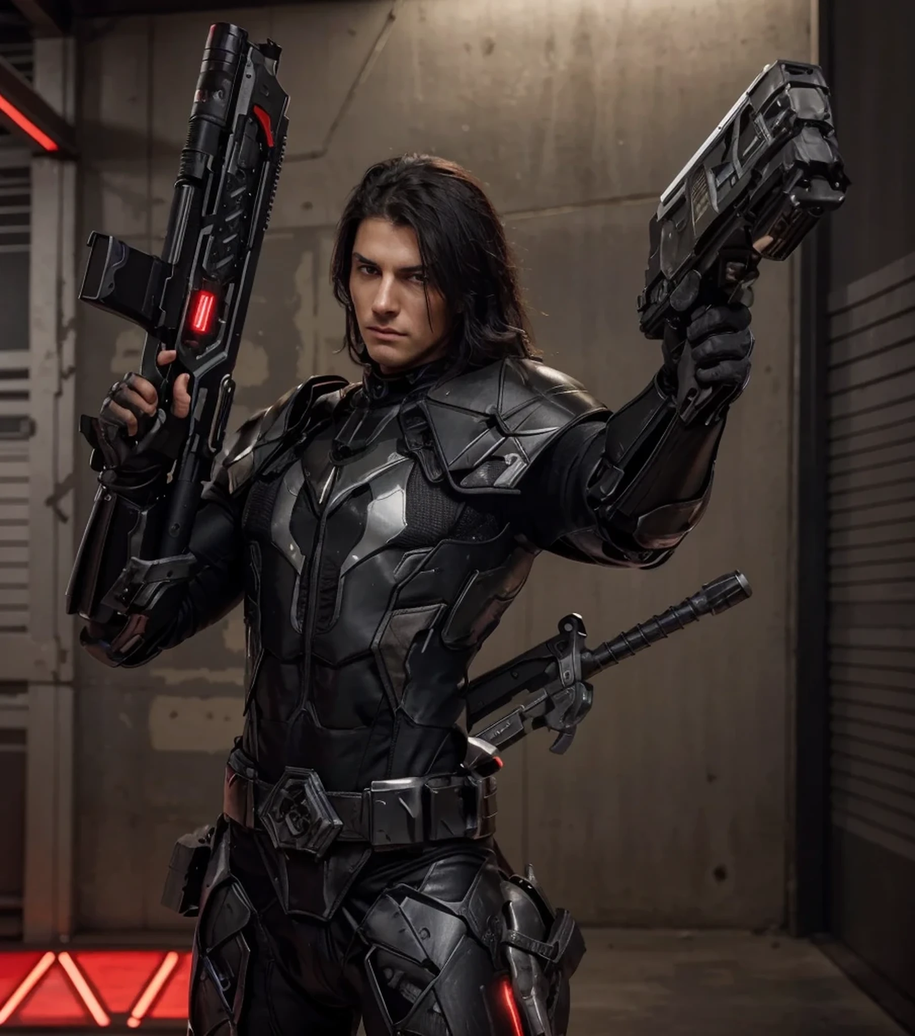 male soldier, ultra modern cybernetic heavy armor in black color with red color details, European face, black hair, metal shoulder pads, metal wrist, holds a laser gun, on his back he carries a dagger, he is in inside a military hangar with military plans black color, red stained glass, symbol of the tail of a scorpion, image in red tones, 4k, ultra detailed image, realistic, very detailed, perfect composition, splendid, intricately detailed, incredibly detailed, art photography 8k, hyper detailed, Masterpiece, ultra detailed, hyper realistic, 4k, ultra detailed image, realistic, highly detailed, perfect composition, splendid, intricately detailed, incredibly detailed, Artistic photography in 8k, hyper detailed