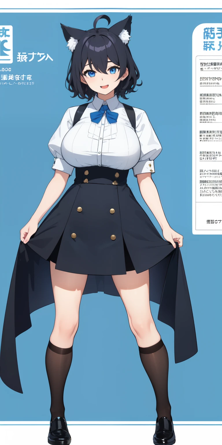 on lap,((((upright)))), ((((stand up)))), looking at the viewer, simple background、white background, 1 girl, open your mouth, smile, Virtual YouTuber、with a girl、((highest quality, expensive_solve, clear_image)),(black hair), (black cat ears), (Ahoge), (ridiculously short hair), (wavy hair), (blue eyes),、laughter、very big breasts、((concept art))、((front))、I can see the cleavage、cheongsam skirt、sexy clothes、Symmetrical