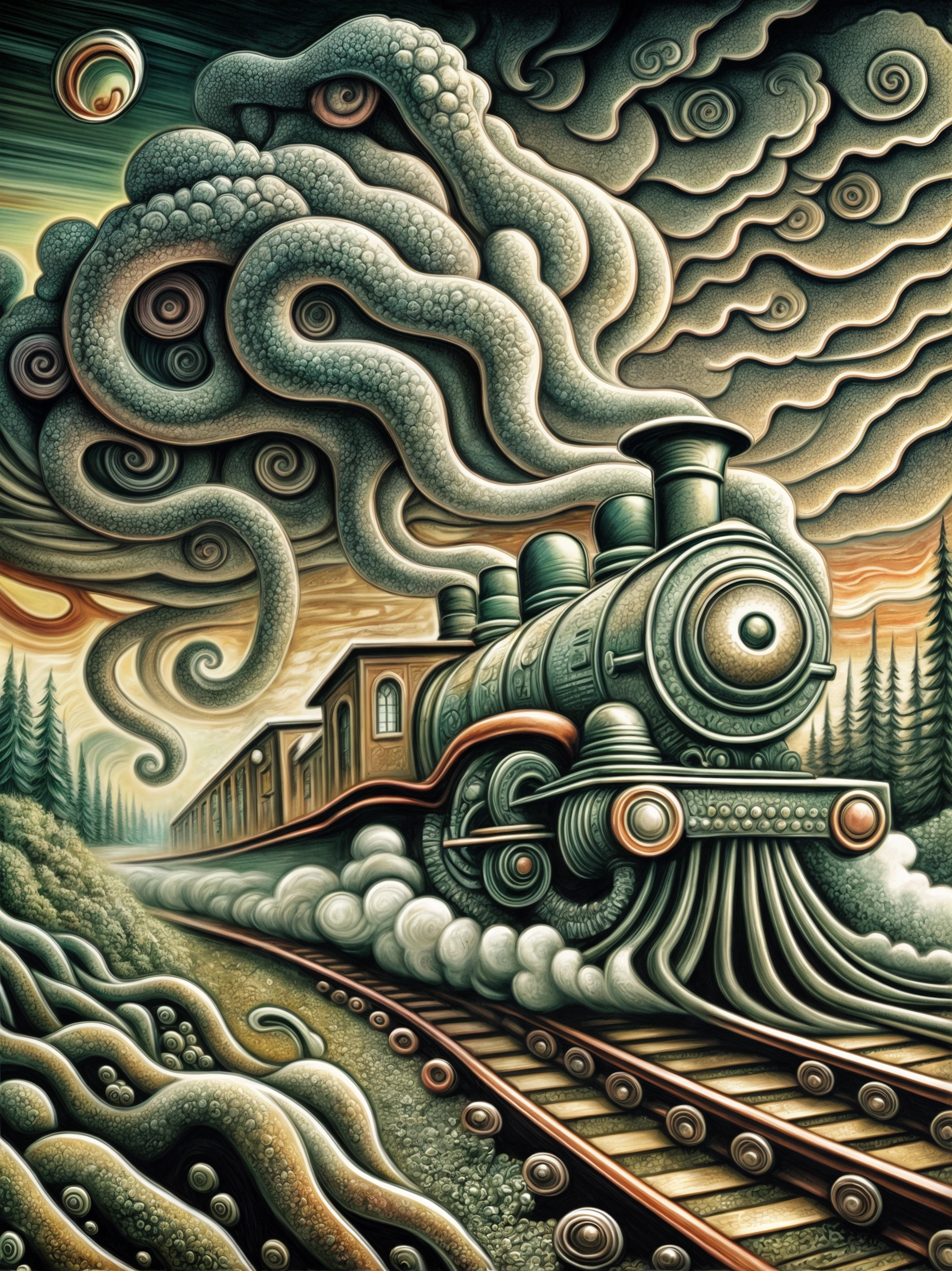 A classic steam train under attack by the kraken.