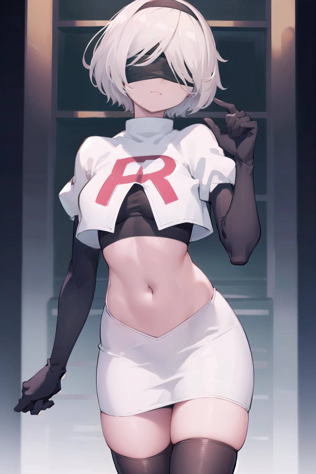 2b, 2b, (black blindfold:1.5), black hairband, blindfold, hairband, short hair, white hair,
BREAK hairband, robot, team rocket,team rocket uniform, red letter R, white skirt,white crop top,black thigh-highs,black elbow gloves,
BREAK looking at viewer,
BREAK (masterpiece:1.2), best quality, high resolution, unity 8k wallpaper, (illustration:0.8), (beautiful detailed eyes:1.6), extremely detailed face, perfect lighting, extremely detailed CG, (perfect hands, perfect anatomy),