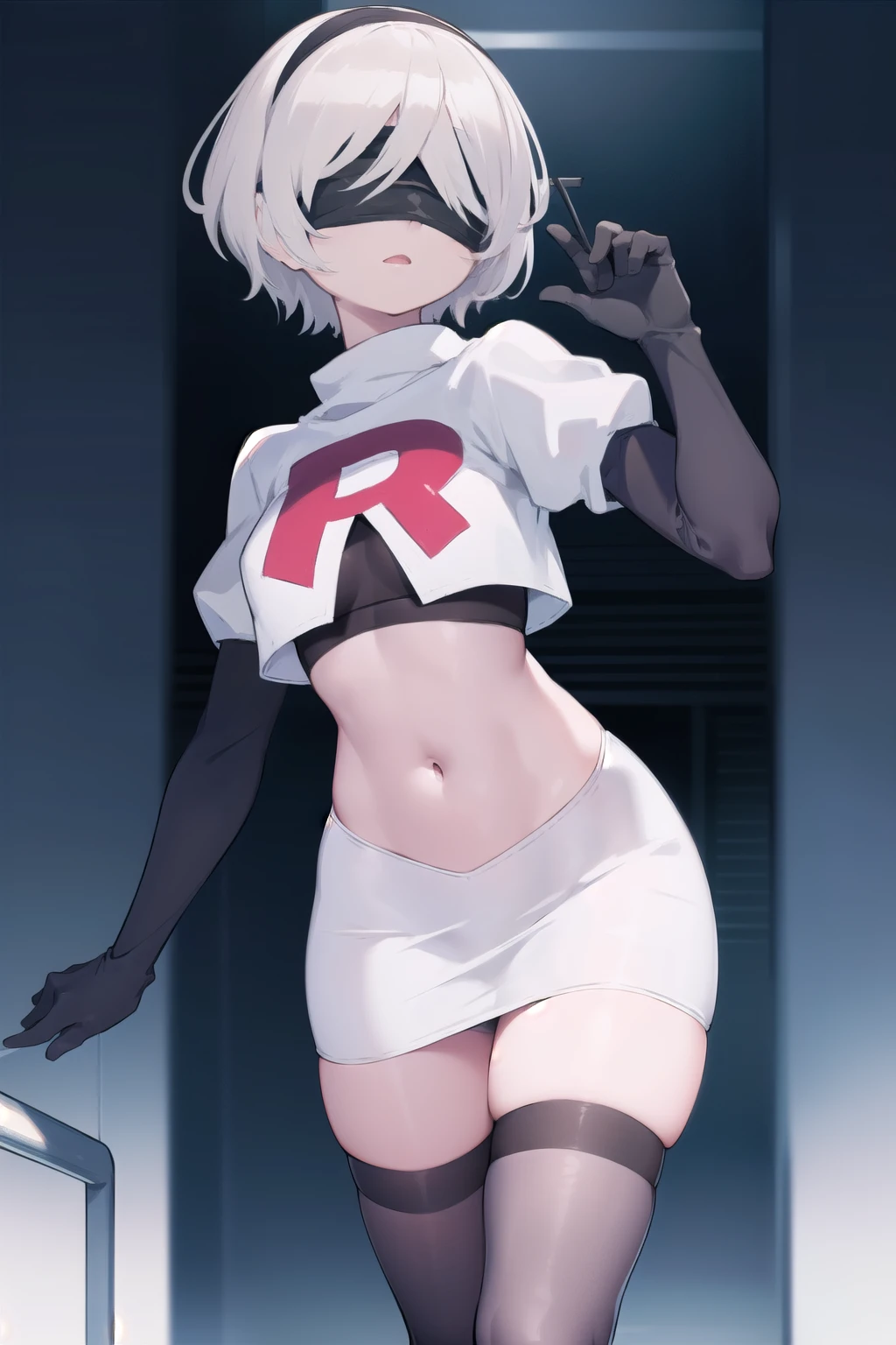 2b, 2b, (black blindfold:1.5), black hairband, blindfold, hairband, short hair, white hair,
BREAK hairband, robot, team rocket,team rocket uniform, red letter R, white skirt,white crop top,black thigh-highs,black elbow gloves,
BREAK looking at viewer,
BREAK (masterpiece:1.2), best quality, high resolution, unity 8k wallpaper, (illustration:0.8), (beautiful detailed eyes:1.6), extremely detailed face, perfect lighting, extremely detailed CG, (perfect hands, perfect anatomy),