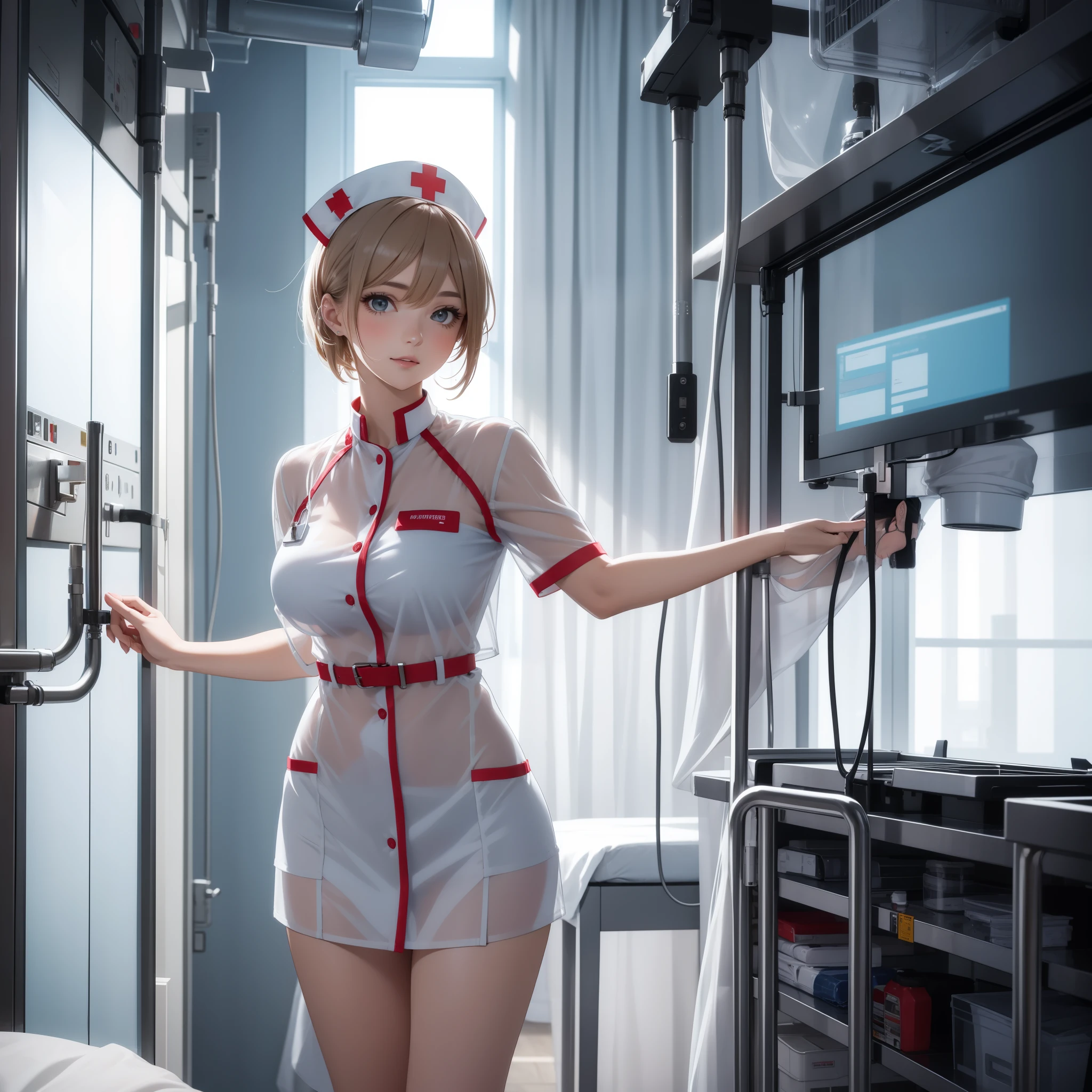 Beautiful female nurse，1 woman，short mini dress，see-through transparent clothes
