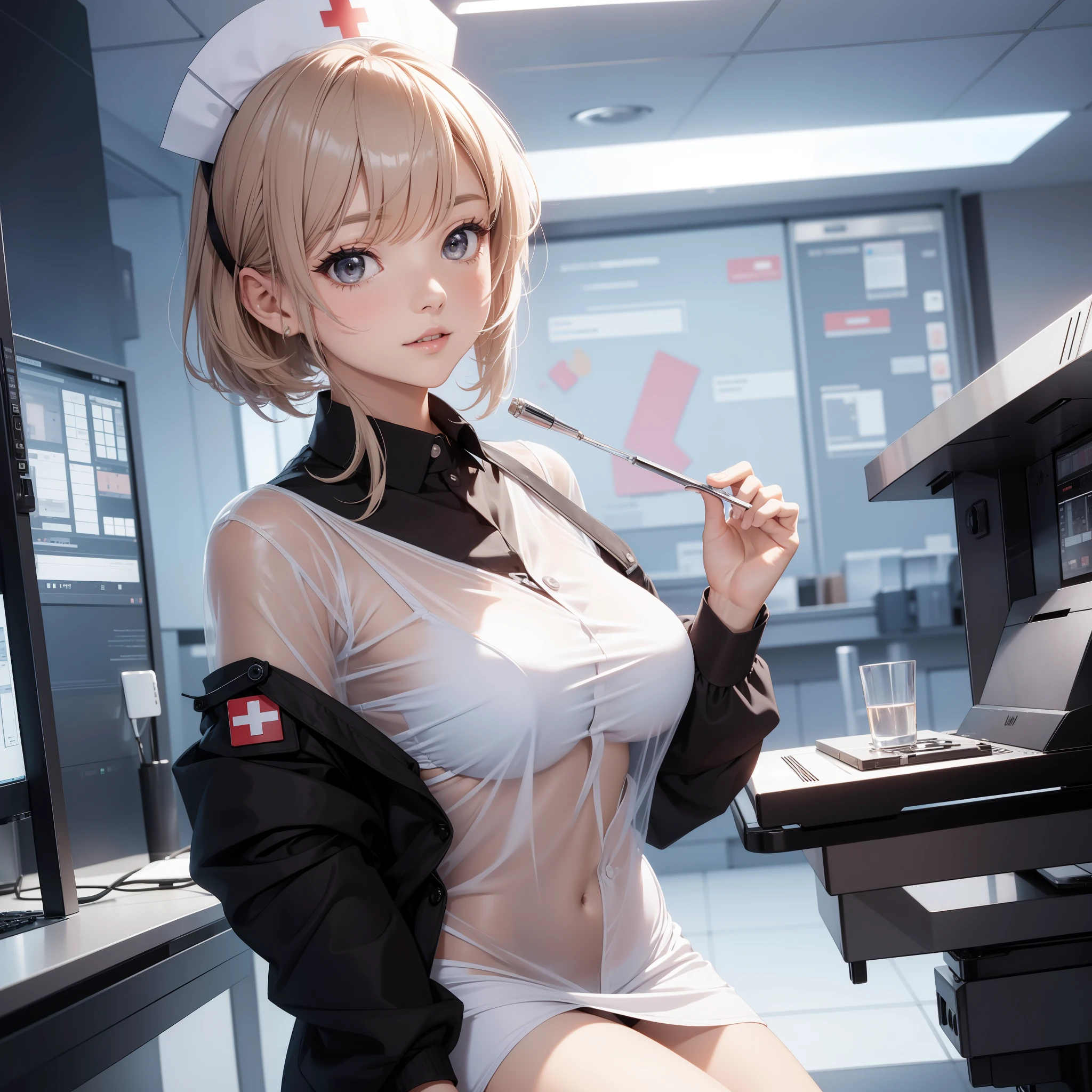 Beautiful female nurse，1 woman，short mini dress，see-through transparent clothes