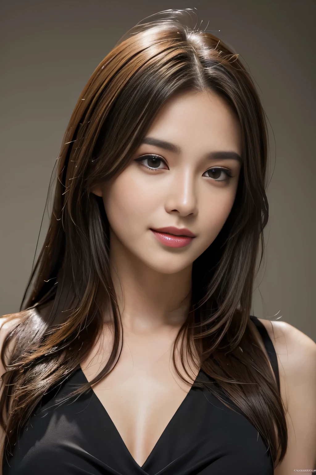table top, highest quality, realistic, Super detailed, finely, High resolution, 8k wallpaper, 1 beautiful woman,, light brown messy hair, He is wearing a black see-through dress shirt with an open collar..., sharp focus, perfect dynamic composition, beautiful and detailed eyes, thin hair, Detailed realistic skin texture, smile, close-up portrait, model body shape