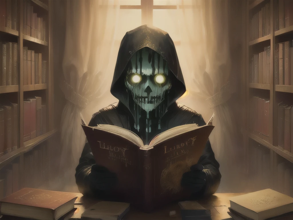 Create a scared character by reading a book in a creepy library with low lighting focusing on the black-cover book with dripping blood