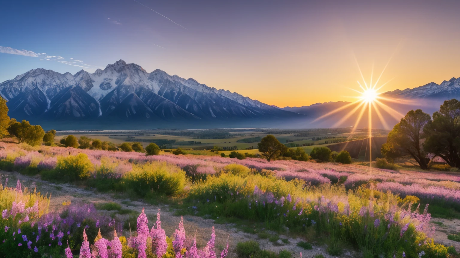 Spring Mountain Sunset: A breathtaking scene of a spring mountain range bathed in the warm glow of a sunset. The mountains, covered in a soft layer of green vegetation, intermittently give way to patches of blooming wildflowers in vibrant hues. The sun, slowly sinking behind the mountains, paints the sky with shades of orange, pink, and purple. Rays of sunlight filter through the trees, casting long shadows on the terrain. The gentle rustling of leaves in the wind completes the tranquil ambiance of this enchanting spring mountain sunset.
High resolution, landscapes, spring, mountains, sunset, nature, beautifully detailed, vibrant colors,