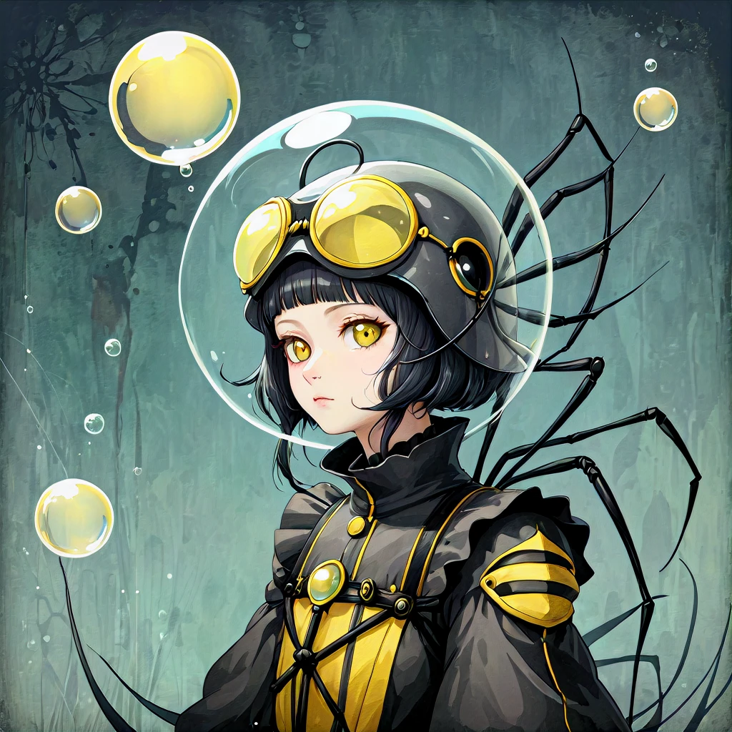 dark gray yellow water spider with a bubble helm in cartin welz-stein art style