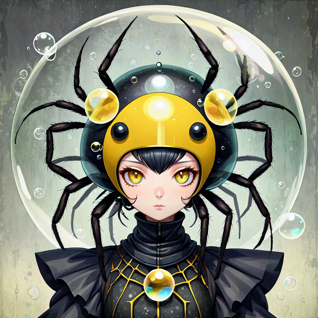 dark gray yellow water spider with a bubble helm in cartin welz-stein art style
