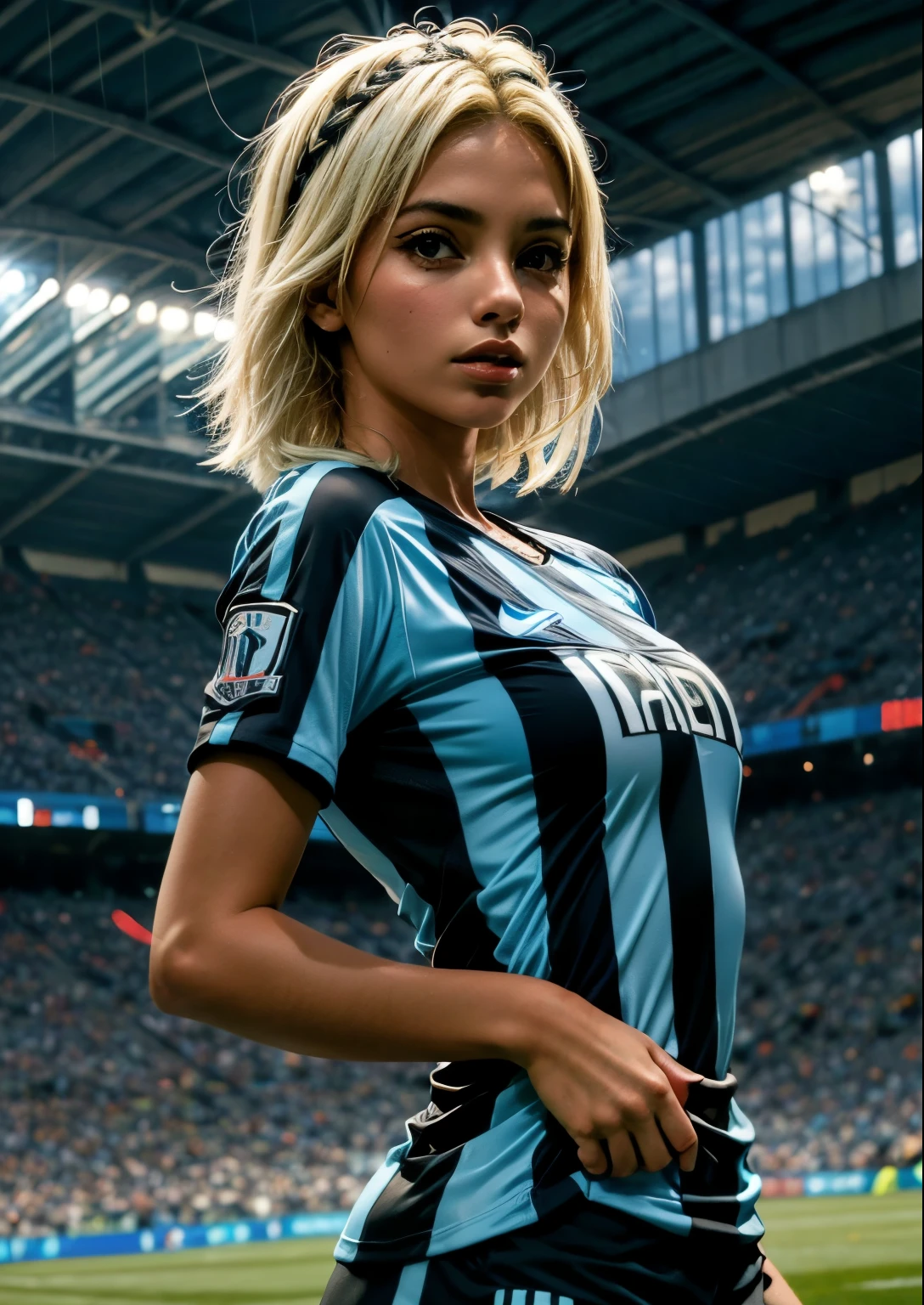 soccer player woman, blonde, t shirt colors blue white and black striped, Gremio FBPA, in stadium, very beautiful