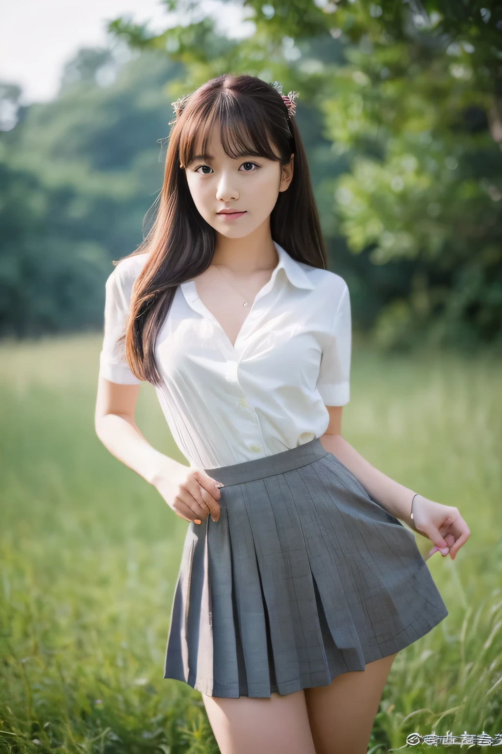 highest quality,masterpiece,ultra high resolution,(realistic:1.4),(Turn off portraits)Raw photo,20th generation OL,masterpiece,realistic pictures,japanese pictures,fujifilm negative,low saturation,low contrast,Medium chest、Grey flared skirt、whole photo