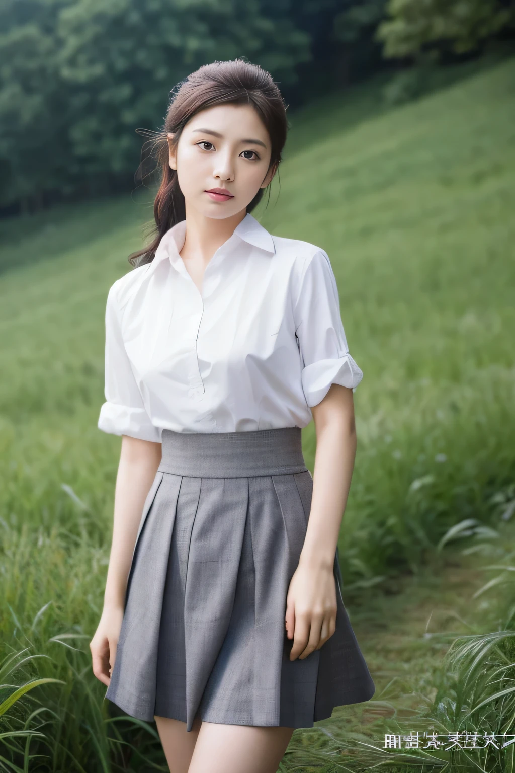 highest quality，masterpiece，ultra high resolution，（realistic：1.4），（Turn off portraits）Raw photo，20th generation OL，masterpiece，realistic pictures，japanese pictures，fujifilm negative，low saturation，low contrast，Medium chest、Grey flared skirt、whole photo