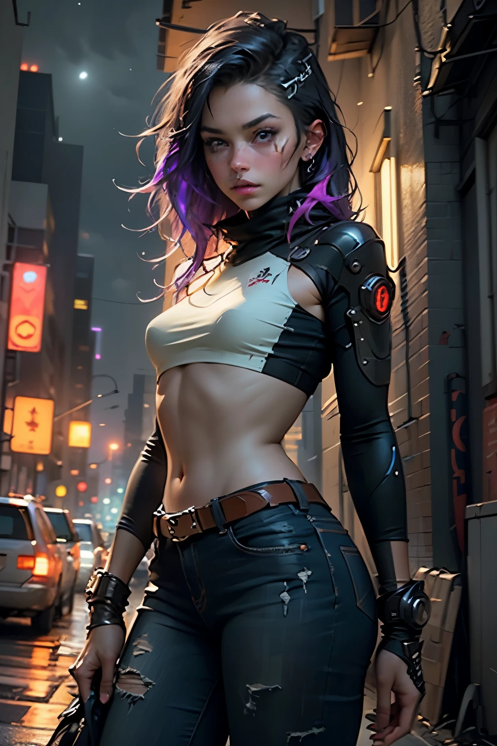 Unreal Engine: 1.4, CG 64K Ultra-realistic, Photorealistic: 1.4, Skin Texture: 1.4, Masterpiece: 1.4, Portrait Unreal Engine: 1.4, CG 64K Ultra-realistic, Photorealistic: 1.4, Skin Texture: 1.4, Masterpiece: 1.4, Closeup shot :1.4, young woman, cyberpunk style clothing, jeans, colorful and striking cyberpunk style clothing, background lighting of the city with warm and vivid colors at night, ((32k Photo)) HDR, super realistic, raw quality, (Hyperrealistic style details, vivid colors: 1.3, dark night sky, cyberpunk buildings, beautiful composition.((best quality)), ((masterpiece)), (detailed), perfect face