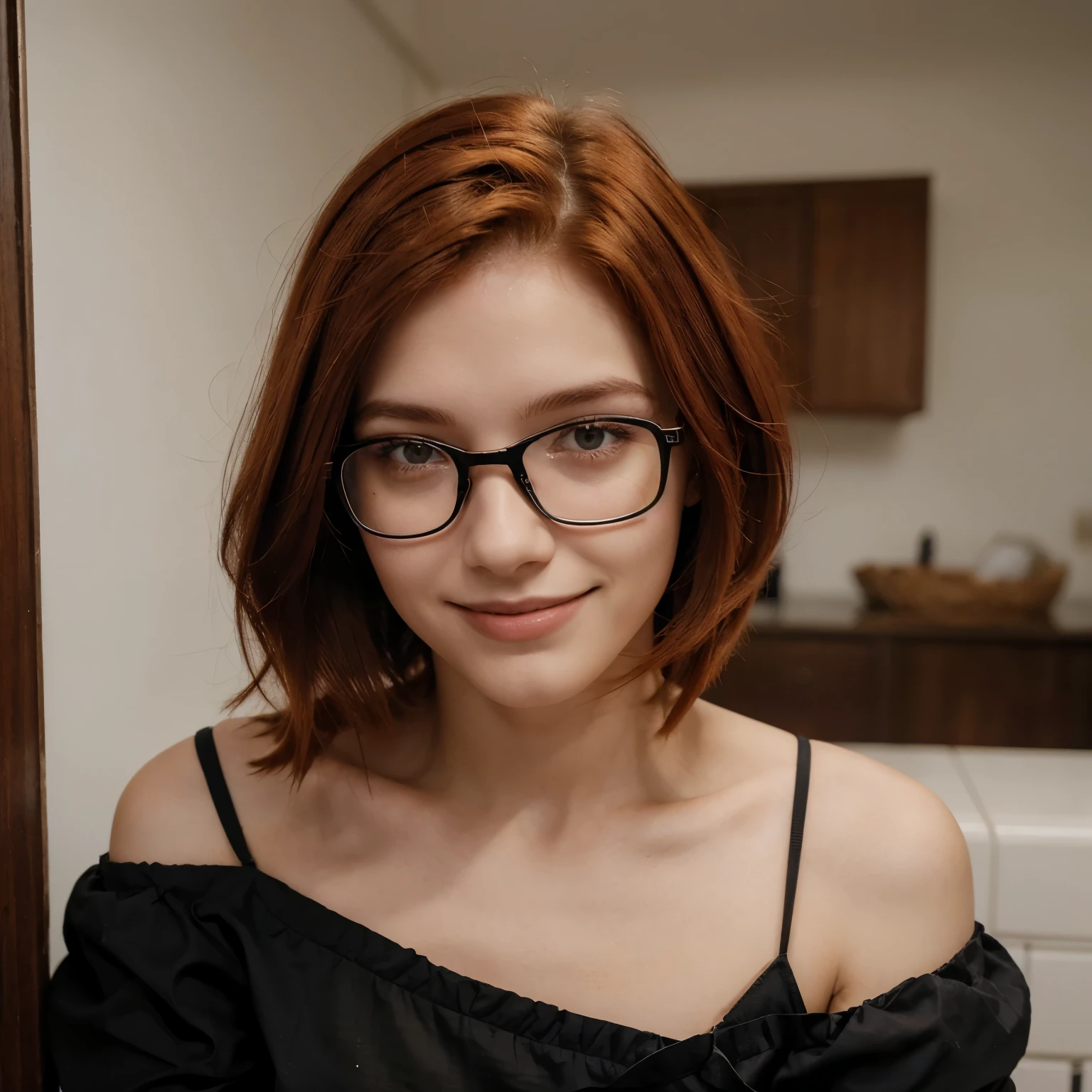 Um HOMEM de anos, pale, shoulder-length red hair, franja com mechas, olhos escuros pretos, square and black glasses, roupa preta, luvas brancas, sorriso arrogante e olhar apaixonado.