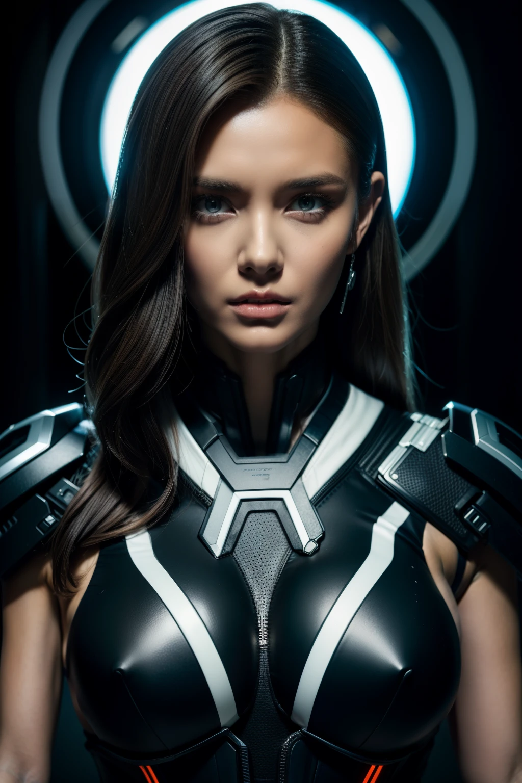 (cybersoldier style aesthetic), bust to waist, (half body), (beauty shape), perfect skin, hyperrealistic masterpiece, in extremely complex & superdetailed black and white plugsuit, cinematic illumination, 8k, symmetrical eyes, realistic, sharp focus, HD, highly detailed, intricate details, photography, studio portrait, detailed, cinematic lighting, determined:1,2, brave