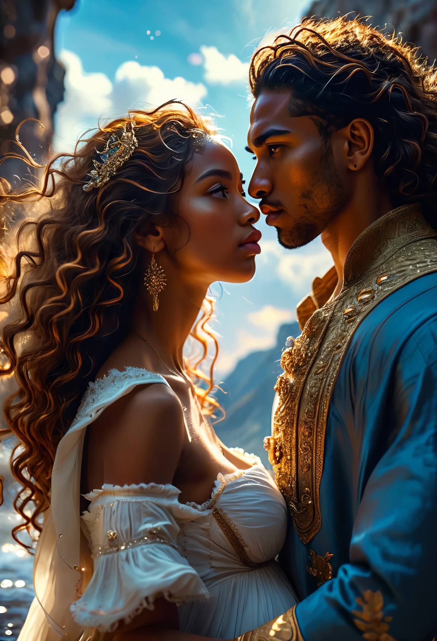 In a celestial landscape, four people dressed luxuous, differents faces, they are all darkskin, (((young, in 20's))) (((two brown skin men and two brown skin woman))), (((two young brown skin long dark hair duke:1.3))), (((one brown skin blonde hair pregnant1.5 woman))) and (((one short brown hair woman no pregnant1.3))), (only one woman pregnant:1.7), (they are two différent and separate couple1.2). (Two couple of four people:1.2). The first couple is a brown skin duke long dark curly hair with a ginger long hair pregnant woman. The second couple is a brown skin duke curly dark hair with a short brown hair woman, (((ginger hair brown skin woman is pregnant and brownskin:1.5))) trying to kill him with swords, dangerous scene, war, battle, 8K, extremely detailed, high quality, (photorealistic:1.37), Full body, vibrant colors, perfect lighting, soulful expressions, celestial aura, majestic presence, dreamlike atmosphere, 8 k artistic photography, photorealistic concept art, soft natural volumetric cinematic perfect