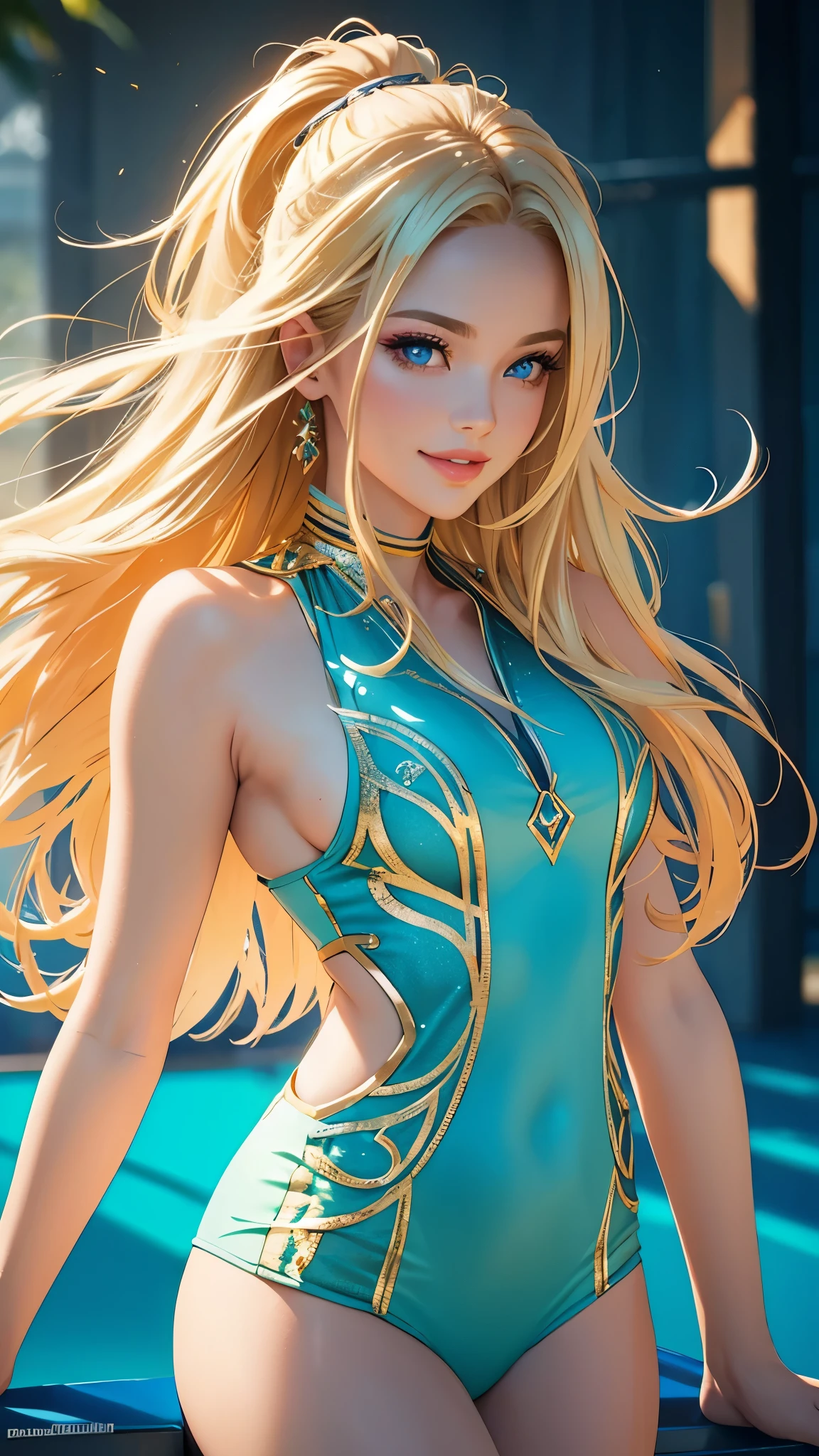 8k, hight quality, best quality, Zelda, panties dress, teenager, clean, Headband hair, armpits, blond hair, long hair, brunette skin, blue eyes, sexy look, (loli), stand, middle smile, red lips.