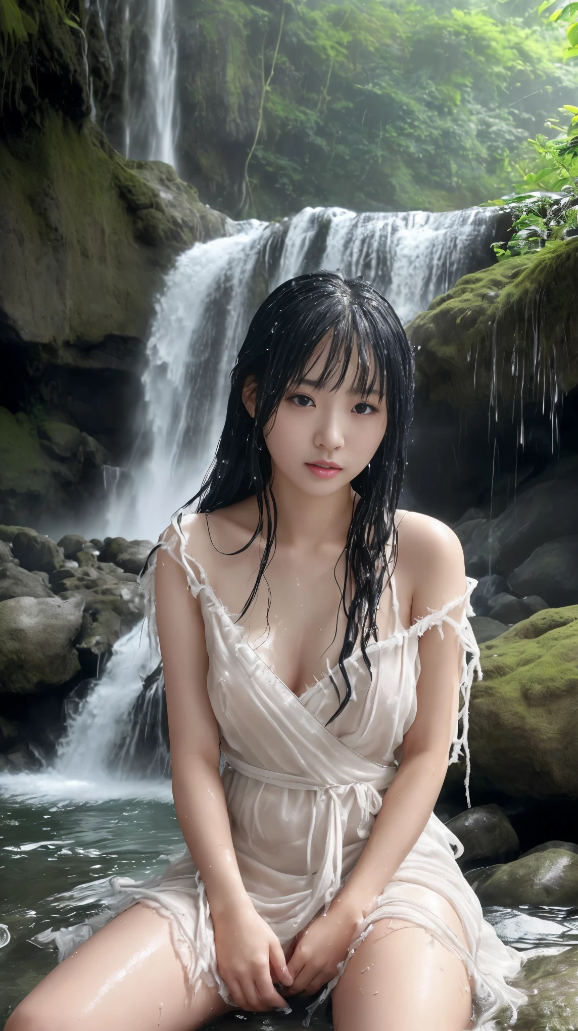 最high quality、high quality、best image quality、8K、最High resolution、High resolution、最high quality、masterpiece、Raw photo、whole body写真、Realistic human body in every detail、Realistic skin in every detail、Realistic face in every detail、Realistic eyes down to the details、Realistic lips in every detail、Realistic teeth in every detail、Realistic ears down to the last detail、Realistic hair down to the last detail、Realistic arms down to the last detail、Realistic reproduction of every detail、Realistic fingers in every detail、(fine hands、thumb１reference４)、Realistic feet in every detail、Realistic breasts down to the last detail、Realistic areola in every detail、Realistic nipples down to the last detail、Realistic pussy down to the last detail、Realistic pubic hair down to the last detail、((beautiful japanese girl))、(japanese model), (japanese woman)、((18 year old beautiful girl))、(black hair)、(straight hair)、((whole body))、((beautiful upturned chest))、(stylish slim style)、(whole body光沢肌、Fair skin)、Detailed and realistic human body、detailed realistic skin、detailed realistic face、detailed realistic arms、detailed realistic fingers、Detailed realistic feet、detailed realistic breasts、soft natural light、jungle with waterfall、waterfalls of different heights、big waterfall、waterfall with force of water、((Sit on a rock in front of the waterfall(背景にbig waterfallが見える))、((It gets wet and see-through(frayed wrap dress))、((bathe in waterfall water(Soaked skin from head to toe))、((Water dripping from the skin))、((frayed wrap dressが濡れて肌にピタッと張り付く))、((濡れたfrayed wrap dressの上からでも体のラインがはっきりわかります))、((frayed wrap dressから滴る水))、sexy pose、angle from below