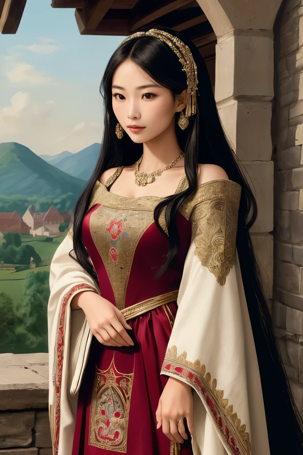 "A young Asian woman, beautiful and noble, dressed in European medieval clothing. Her long, silky hair is loose, flowing freely over her shoulders, adding a touch of naturalness and softness to her image. Her features are delicate, reflecting a natural elegance. She has expressive eyes that convey determination and intelligence. Her posture is upright, denoting grace and nobility, and her attire is richly ornamented, indicating her elevated status in society. She may be wearing a long, flowing dress, adorned with fine fabrics, embroidery, and precious jewels, completing her image of a distinguished noblewoman from medieval European times."