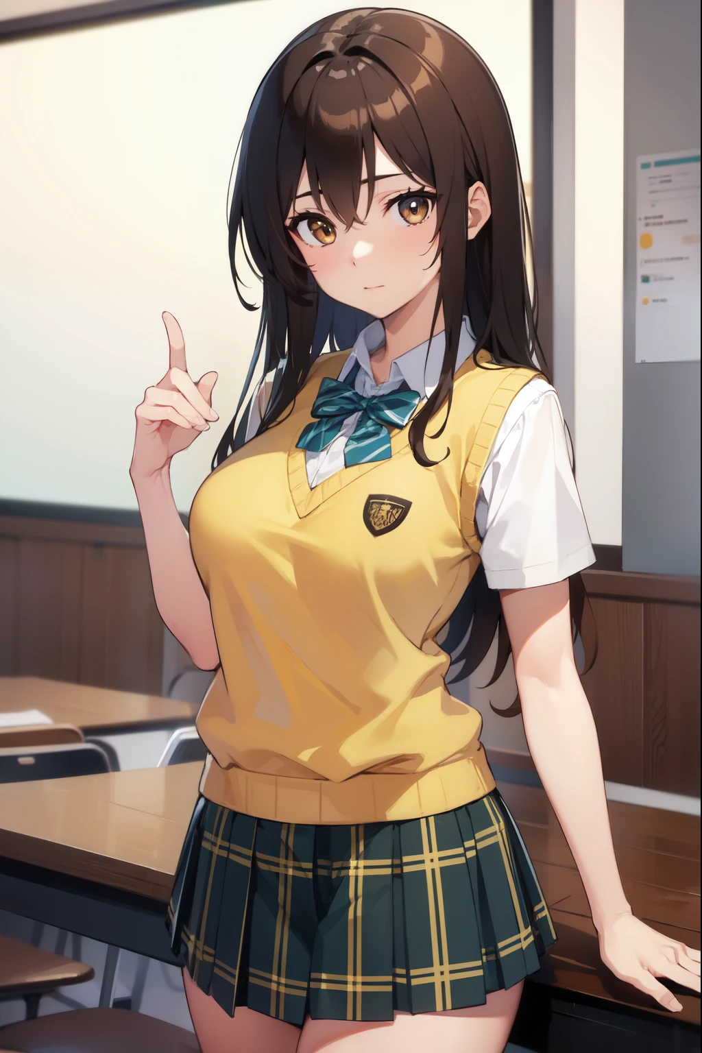 kotegawayui, yui kotegawa, black hair, (brown eyes:1.5), long hair,
BREAK green skirt, plaid, plaid skirt, sainan high school uniform, school uniform, skirt, sweater vest, (yellow sweater:1.3), short sleeves,
BREAK looking at viewer,
BREAK indoors, classroom,
BREAK (masterpiece:1.2), best quality, high resolution, unity 8k wallpaper, (illustration:0.8), (beautiful detailed eyes:1.6), extremely detailed face, perfect lighting, extremely detailed CG, (perfect hands, perfect anatomy),