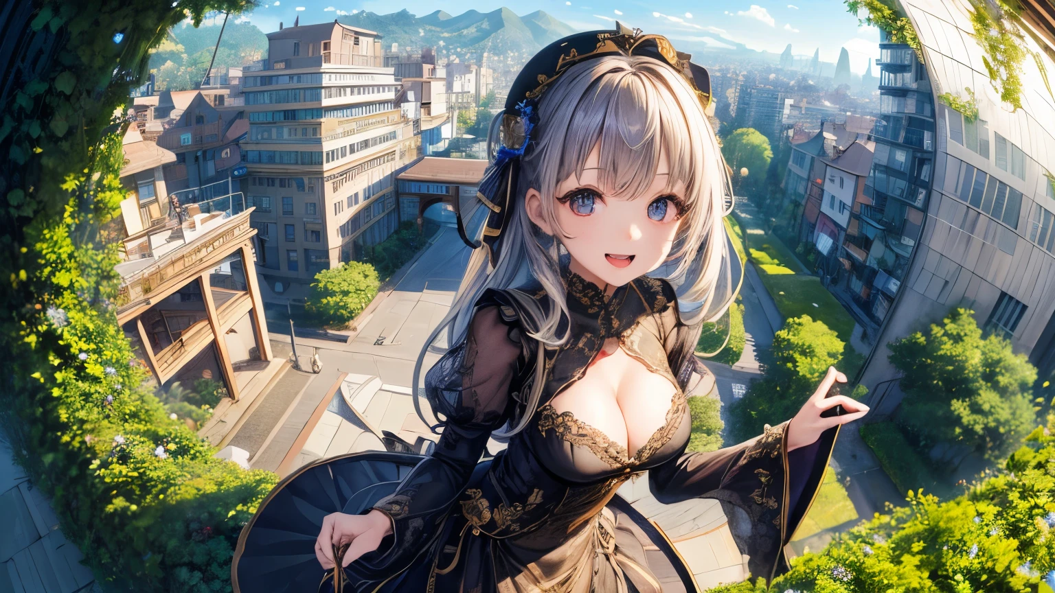 High resolution、Super detailed、(1 girl:1.3)、complex architecture、lush garden、Designing images using the fisheye effect、Capture a wide field of view with a unique curved perspective、panoramic cityscape、Creating elevation-aware rooftop views in urban environments、smile、cleavage
