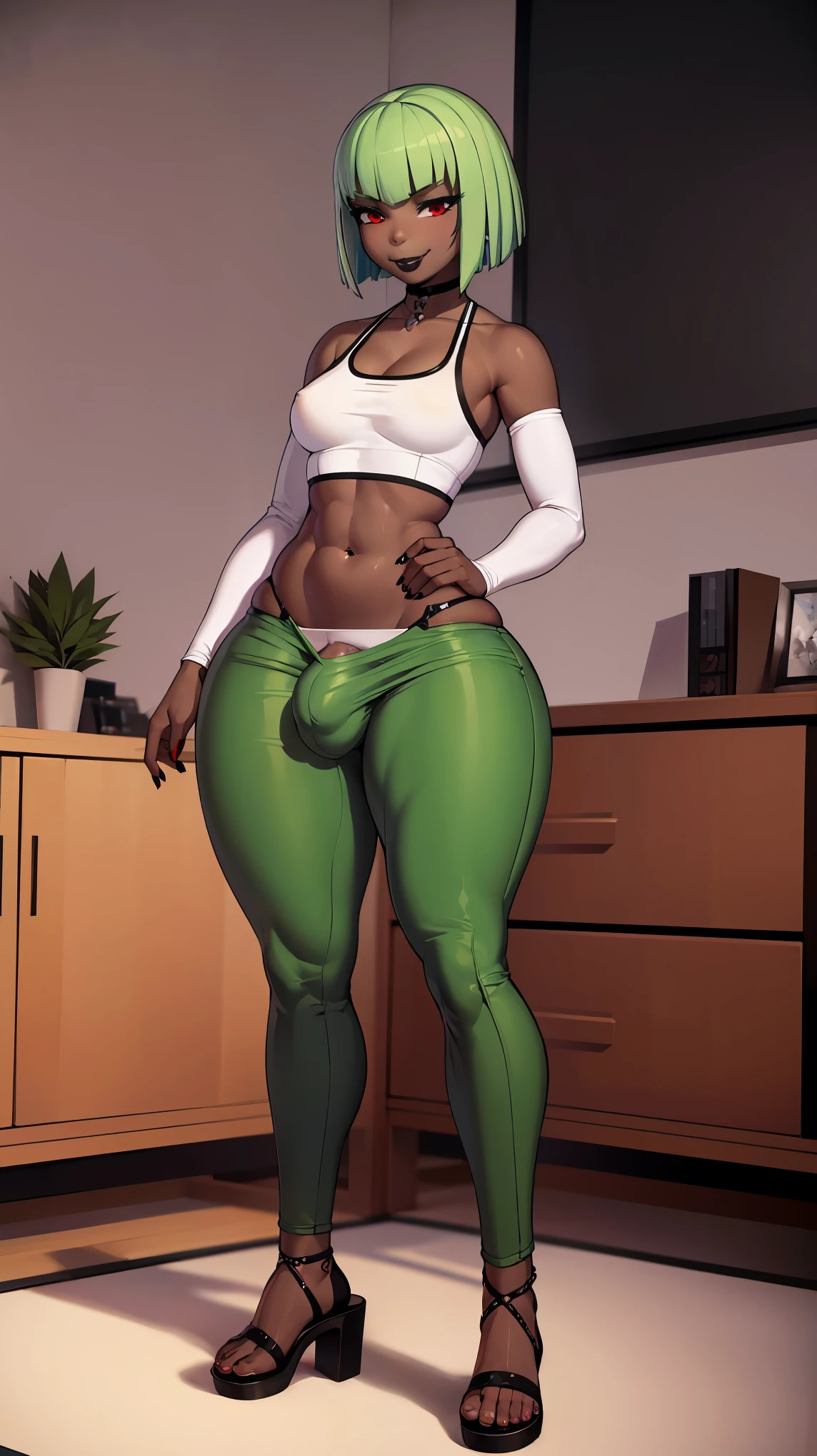 (solo:1.1),(masterpiece), (best quality:1.3), highly detailed, intricate, professional art, digital art, absurdres, emerald sustrai, futanari emerald sustrai wearing a quarter-sleeve cross-strap-crop-top and green-pants with sandals posing indoors, 1girl, solo, dark skin, green hair, bob hair, smirk, gold hoop earrings, ab lines, detailed stomach, red eye colour, dark skin, small breasts, (wide hips:1.5), (aroused:1.2), (futanari:1.1), large penis, thick penis, veiny penis, huge testicles, (black makeup 1:1), (Black lipstick:1.3), beestung lips, (pubic hair trail:1.1), penis bulge under clothes, crotch bulge, testicle bulge between thighs, furniture, frontal view, universal lighting