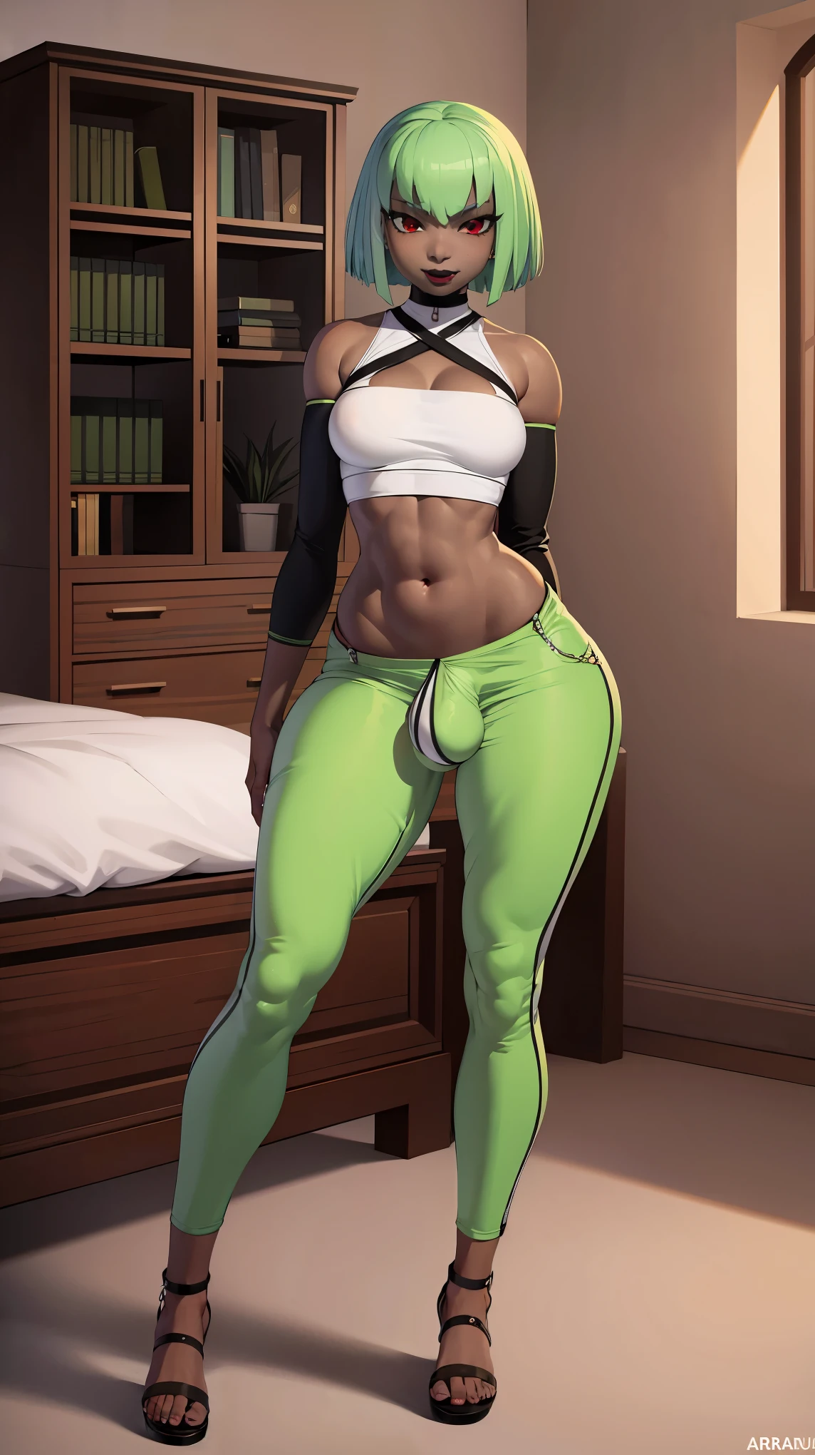 (solo:1.1),(masterpiece), (best quality:1.3), highly detailed, intricate, professional art, digital art, absurdres, emerald sustrai, futanari emerald sustrai wearing a quarter-sleeve cross-strap-crop-top and green-pants with sandals posing indoors, 1girl, solo, dark skin, green hair, bob hair, smirk, gold hoop earrings, ab lines, detailed stomach, red eye colour, dark skin, small breasts, (wide hips:1.5), (aroused:1.2), (futanari:1.1), large penis, thick penis, veiny penis, huge testicles, (black makeup 1:1), (Black lipstick:1.3), beestung lips, (pubic hair trail:1.1), penis bulge under clothes, crotch bulge, testicle bulge between thighs, furniture, frontal view, universal lighting