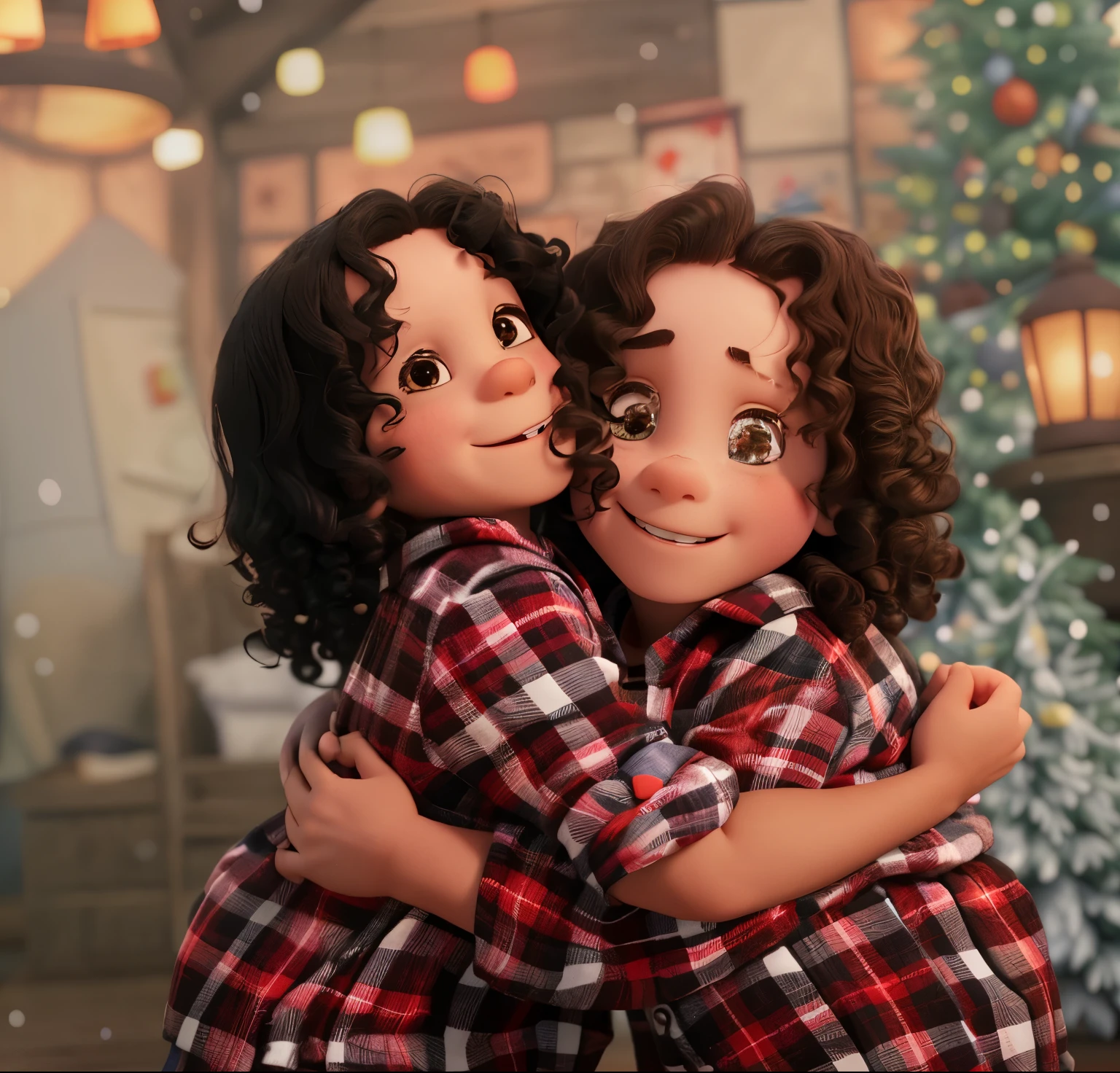 two s children, little dwarfs, male, very young, 2 years old button down shirt, smiling, dark curly hair, snow ground, done in Disney Pixar style, 3d, high quality, best quality