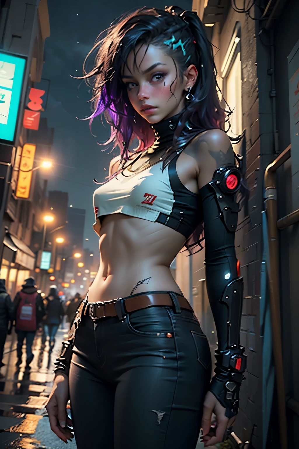 Unreal Engine: 1.4, CG 64K Ultra-realistic, Photorealistic: 1.4, Skin Texture: 1.4, Masterpiece: 1.4, Portrait Unreal Engine: 1.4, CG 64K Ultra-realistic, Photorealistic: 1.4, Skin Texture: 1.4, Masterpiece: 1.4, Closeup shot :1.4, young topless woman, cyberpunk style clothing, jeans, colorful and striking cyberpunk style clothing, background lighting of the city with warm and vivid colors at night, ((32k Photo)) HDR, super realistic, raw quality, (Hyperrealistic style details, vivid colors: 1.3, dark night sky, cyberpunk buildings, beautiful composition.((best quality)), ((masterpiece)), (detailed), perfect face